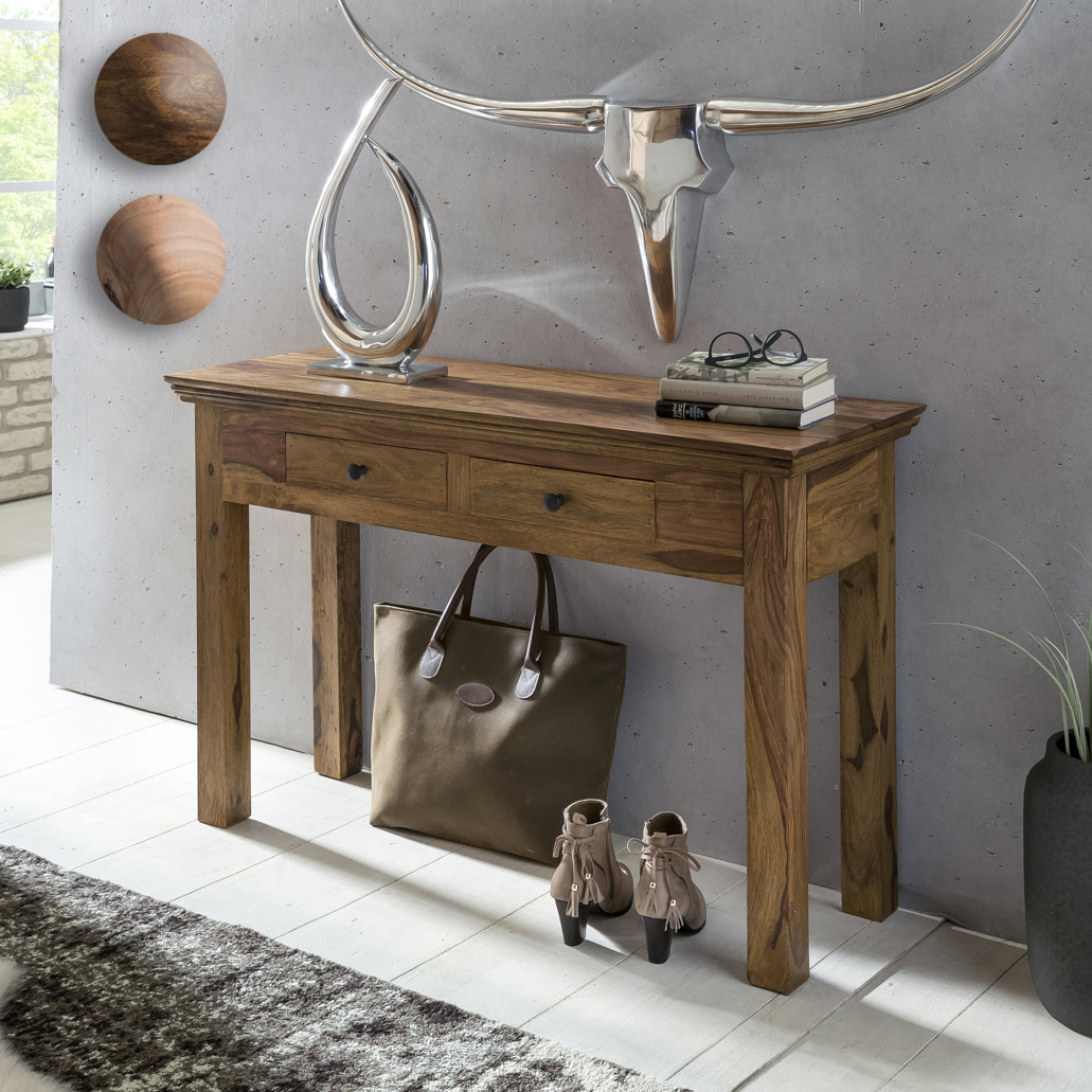 FineBuy Konsolentisch Massivholz Konsole mit 2 Schubladen Schreibtisch 110 x 40 cm Landhaus Sideboard