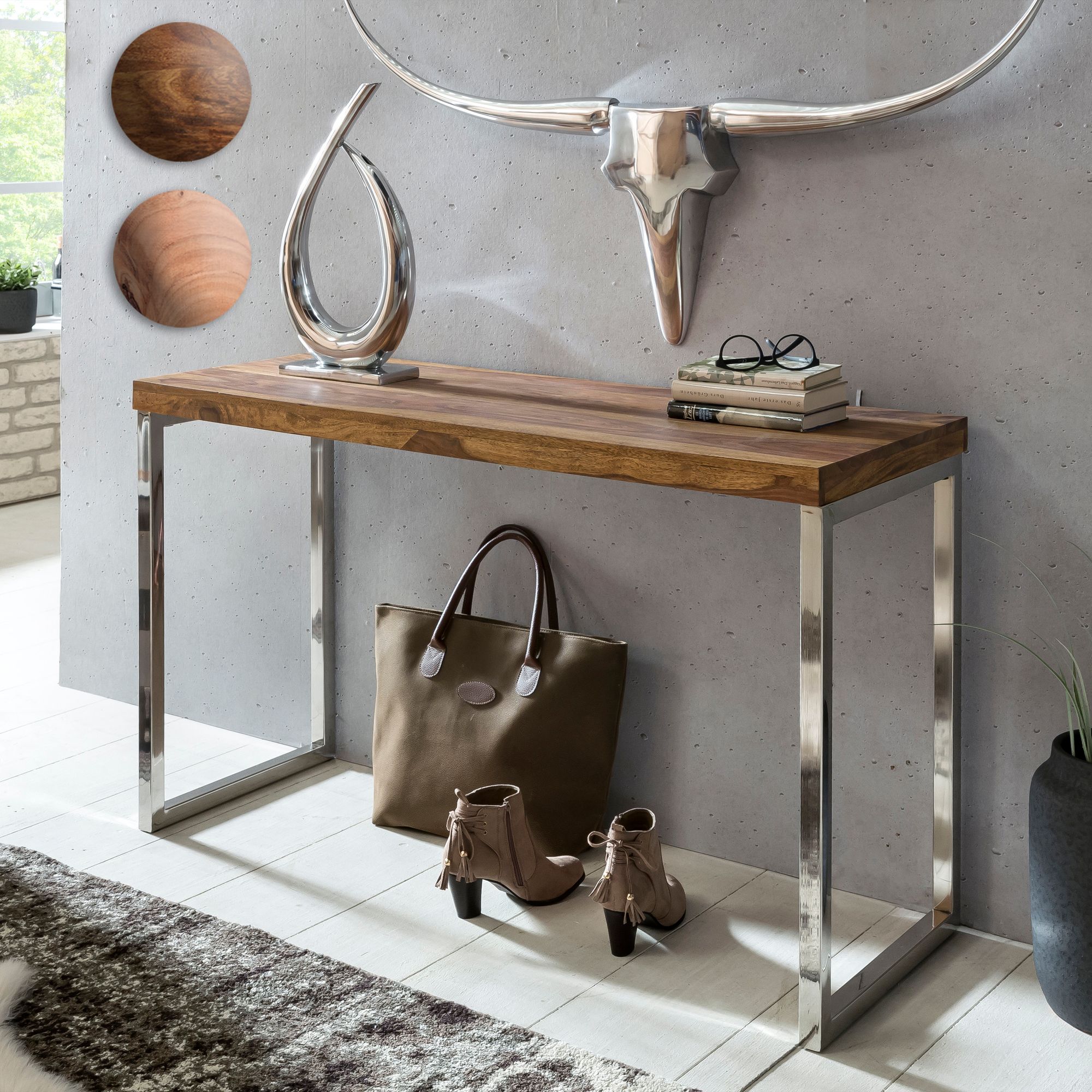 FineBuy Konsolentisch Massivholz Konsole mit Metallbeinen Schreibtisch 120 x 45 cm Landhaus-Stil Sideboard Modern Massiv dunkel-braun Echt-holz Natur