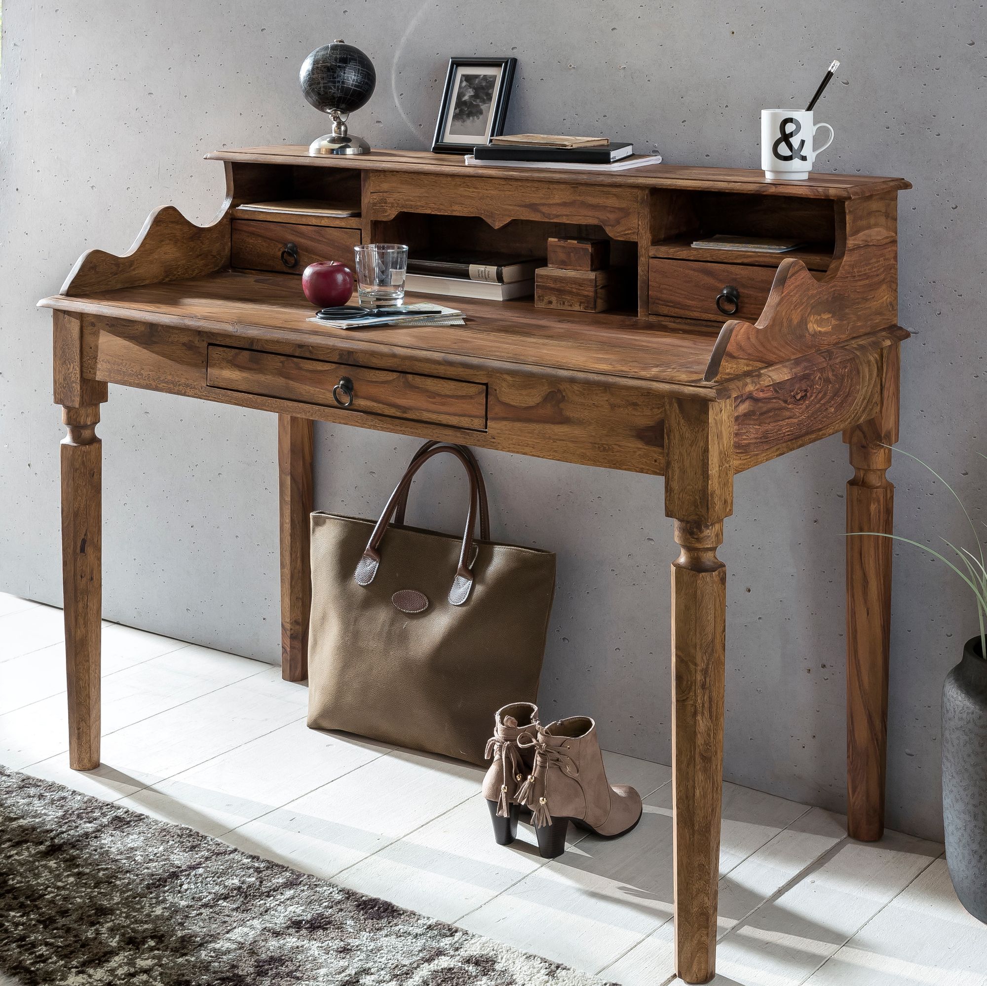 FineBuy Schreibtisch Massivholz Konsole, Sekretär 115 x 100 x 60 cm mit 3 Schubladen und Fächern, Konsolentisch Landhaus-Stil aus Natur-Holz modern, Arbeits-Tisch mit vielen Ablagemöglichkeiten