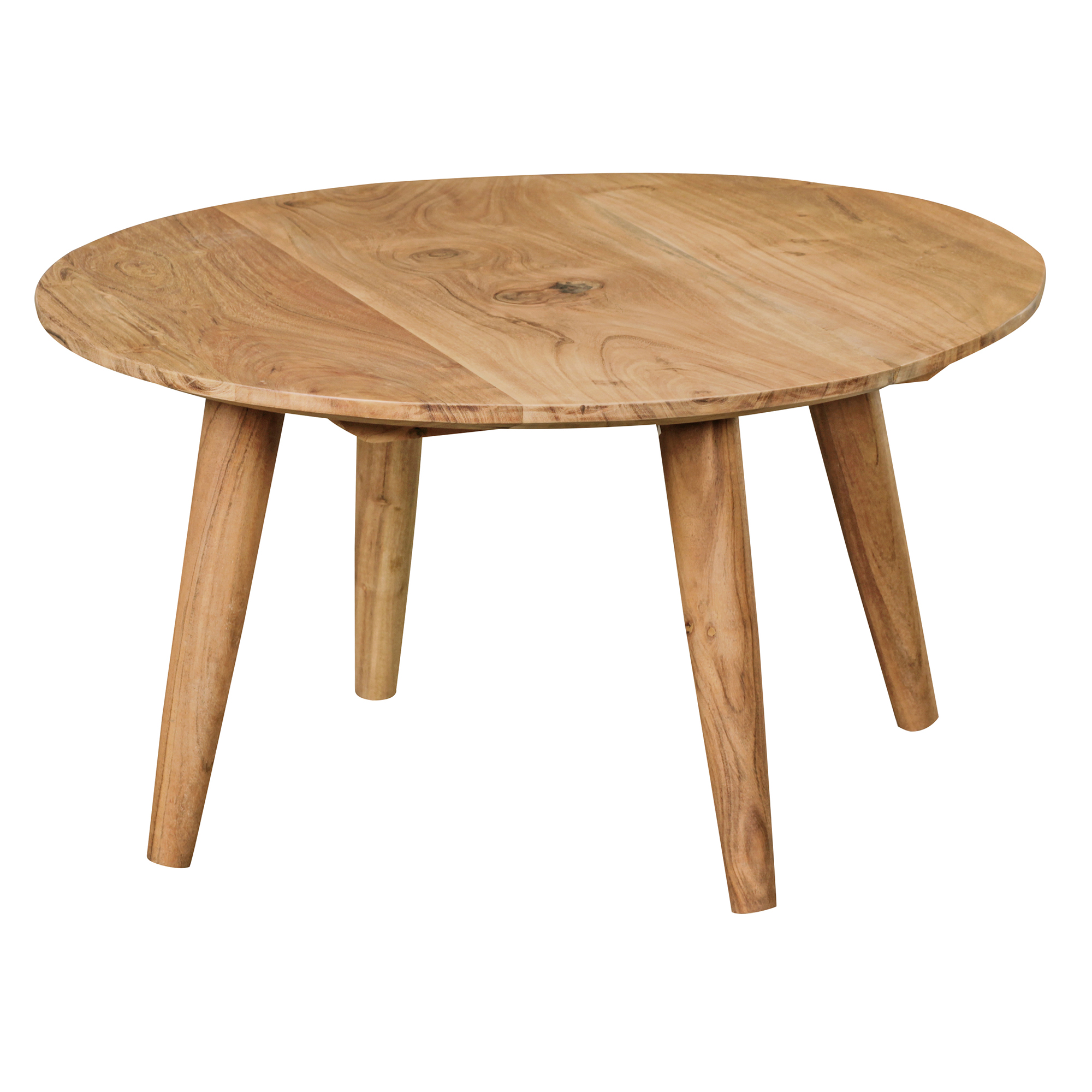 FineBuy Couchtisch Akazie Massivholz rund 75 cm · Wohnzimmertisch im skandinavischen Retro Design · Handgefertigter Holztisch mit konischen Beinen aus Vollholz