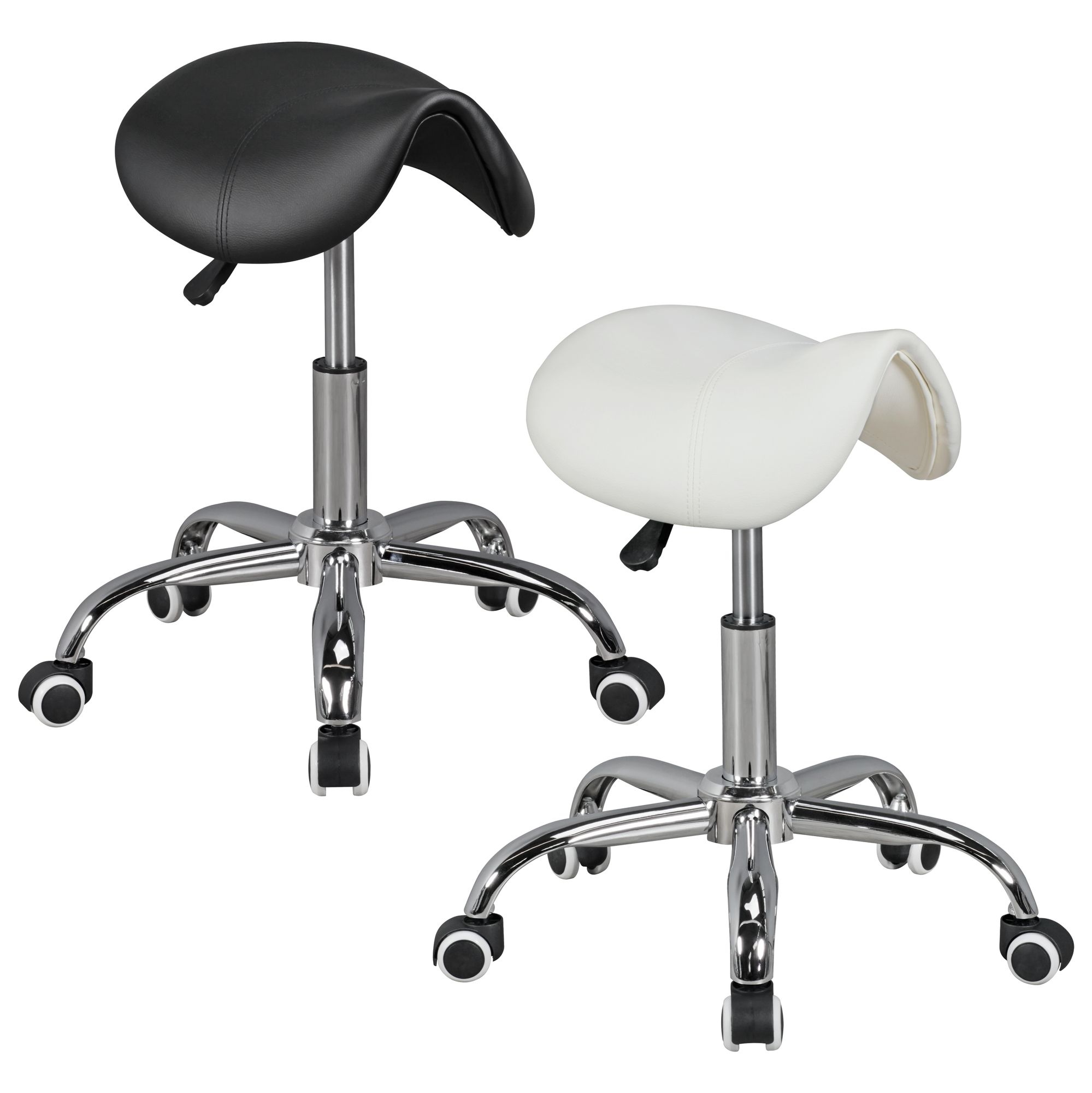 FineBuy MENTON - Sattel-Hocker, Arbeitshocker mit Kunstleder-Bezug, Sitzhocker ist höhenverstellbar, Design Drehhocker mit Rollen, Kosmetikhocker & Praxishocker mit Sattelsitz, Friseurhocker