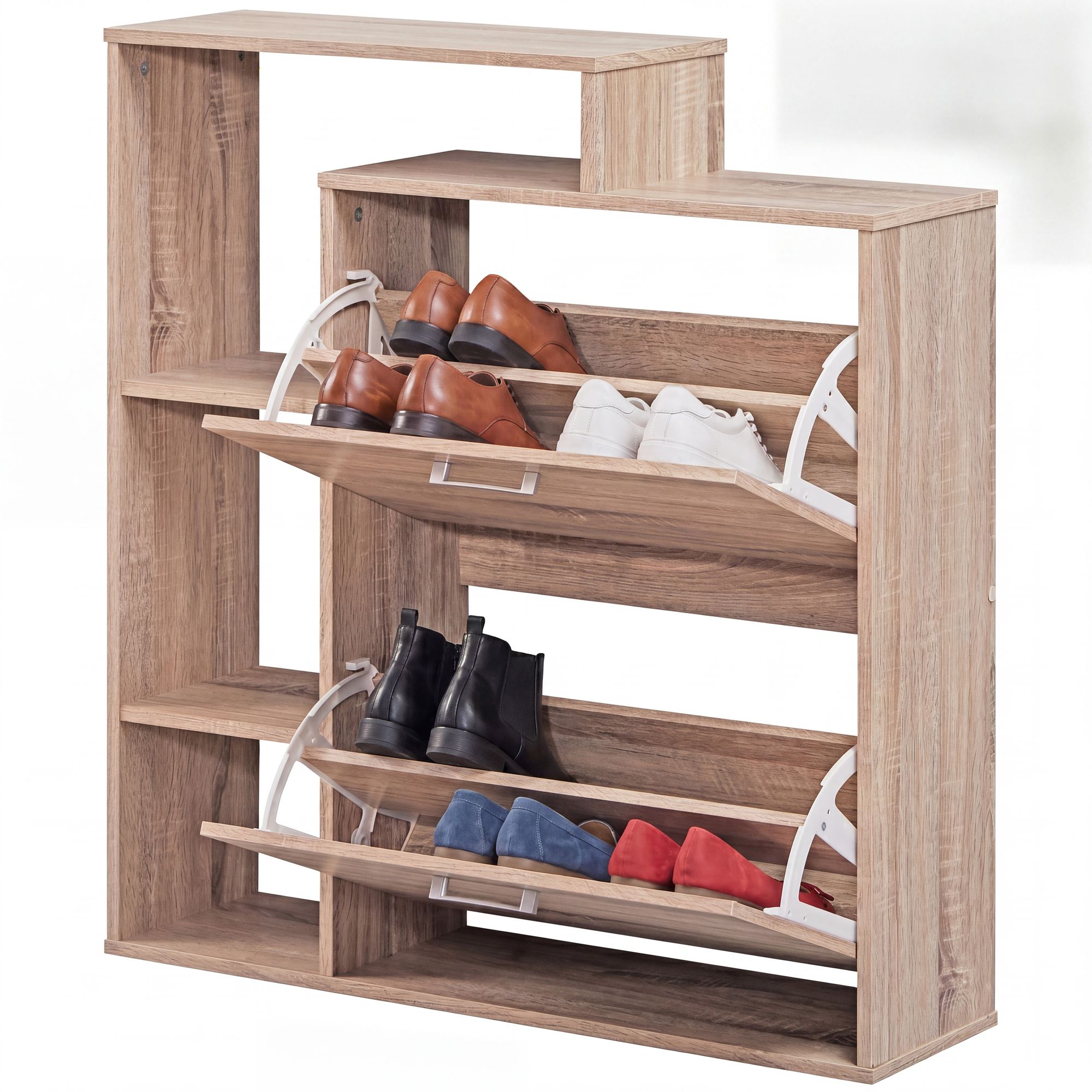 FineBuy Moderner Schuhkipper MASSA Holz 2 Fächer Sonoma Eiche 12 Paar Schuhe, Schuhschrank 85 x 24 x 93 cm, Schuhkommode Flur mit Ablage Regal