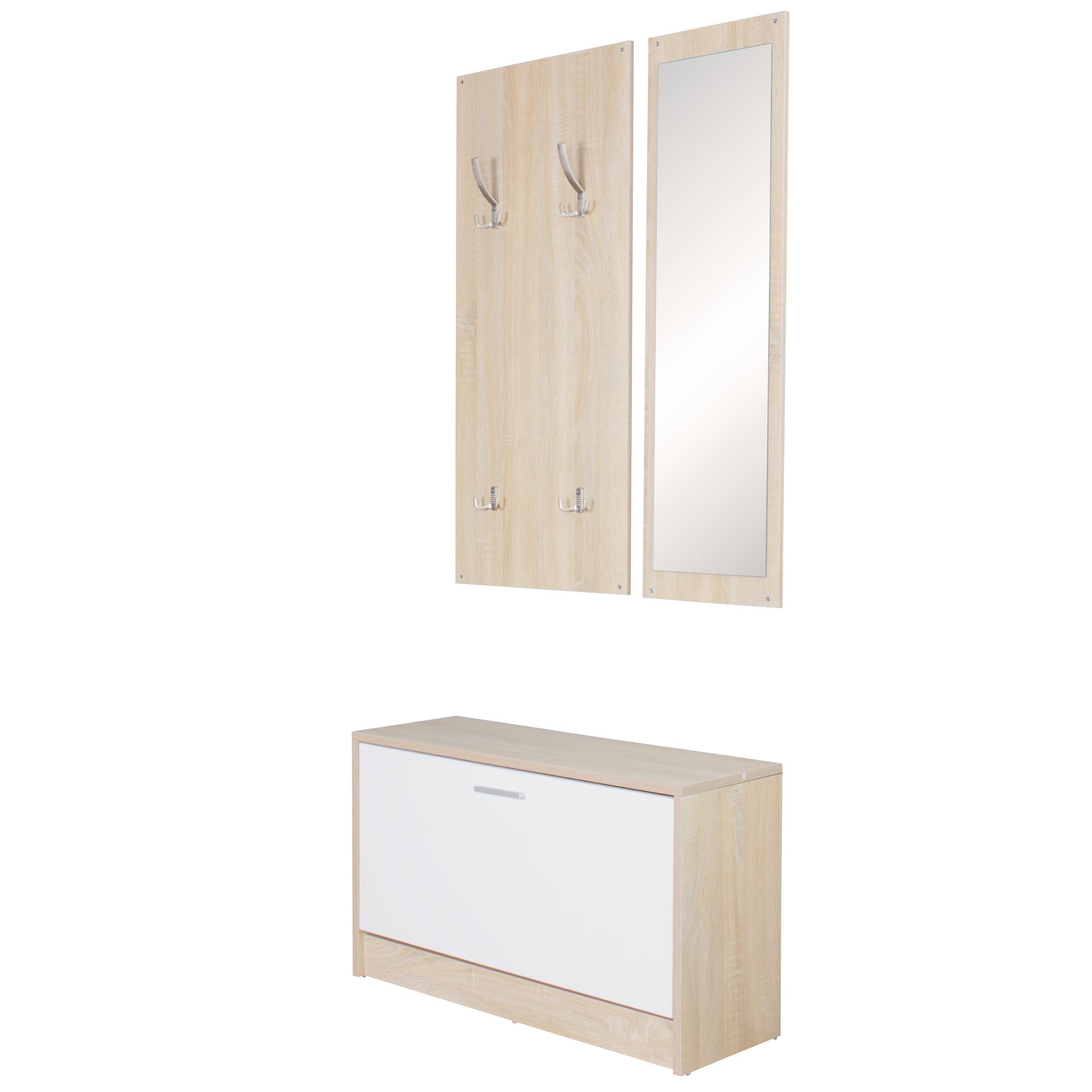 FineBuy Wand-Garderobe SALERNO mit Garderobenpaneel Spiegel & Schuhkipper 80 cm breit 27 cm Schmal, Flurgarderobe Klein Garderobenset Modern Schuhschrank Flur Holz, Garderobe Platzsparend