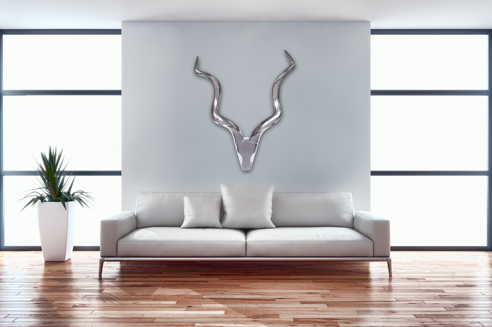 FineBuy Deko Hirschgeweih Aluminium Wanddeko Landhausstil Silber Metall modern, Design Hirschkopf Landhaus Geweih Wand, Wohndeko Hirsch außen, Wandschmuck