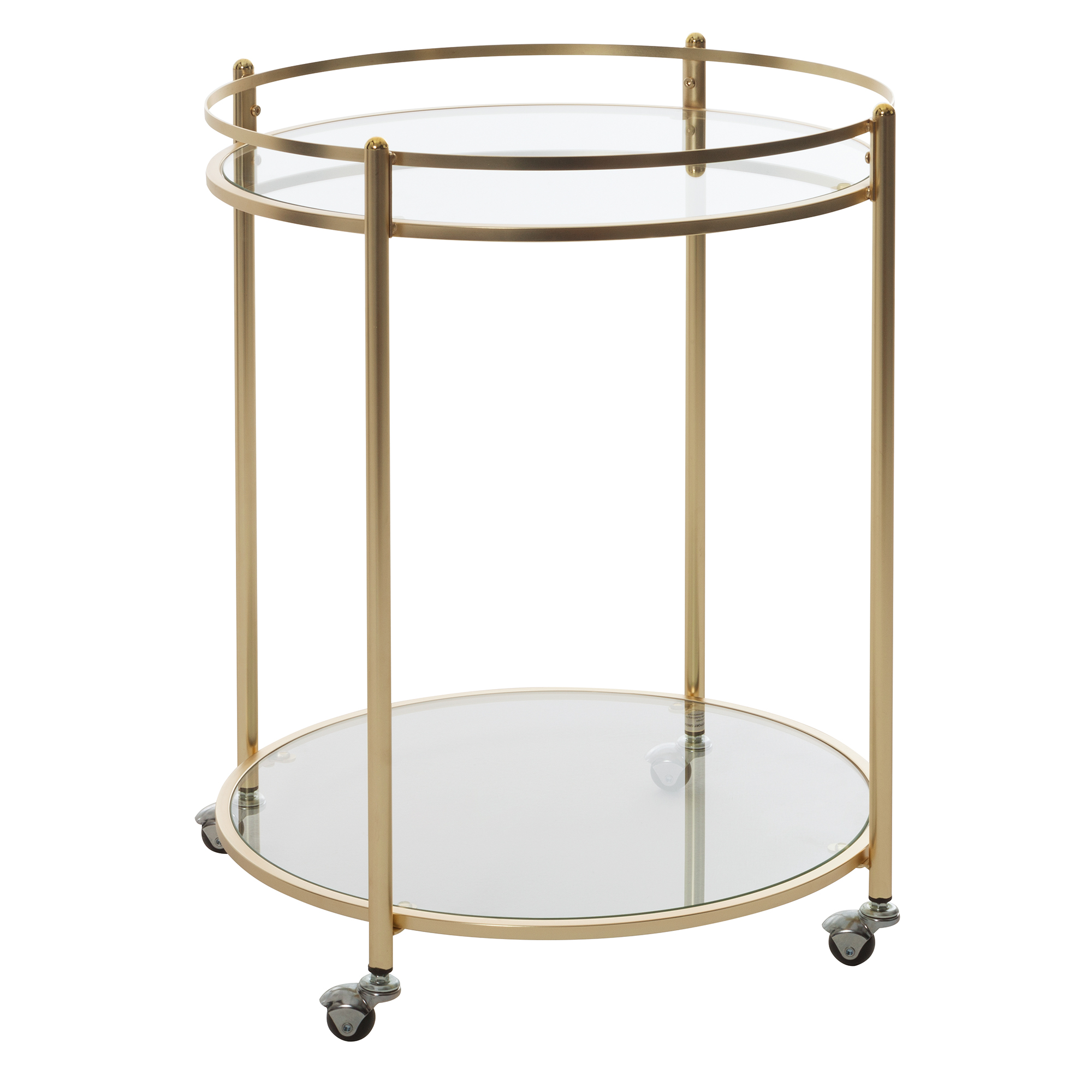 FineBuy Design Servierwagen Gold Ø 57 cm Beistelltisch, Teewagen Metall mit Rollen, Küchenwagen mit Glasplatten, Barwagen rund 75 cm hoch, Küchentrolley modern, Rollwagen