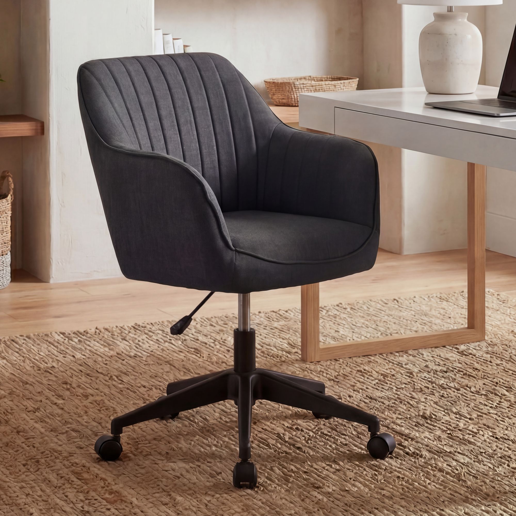 FineBuy Schreibtischstuhl MIAMI Stoff Design Drehstuhl mit Lehne 120 kg, Retro Bürostuhl Drehsessel mit Rollen, Designer Schalenstuhl bequem, PC Stuhl Schreibtischsessel Büro, Bürosessel