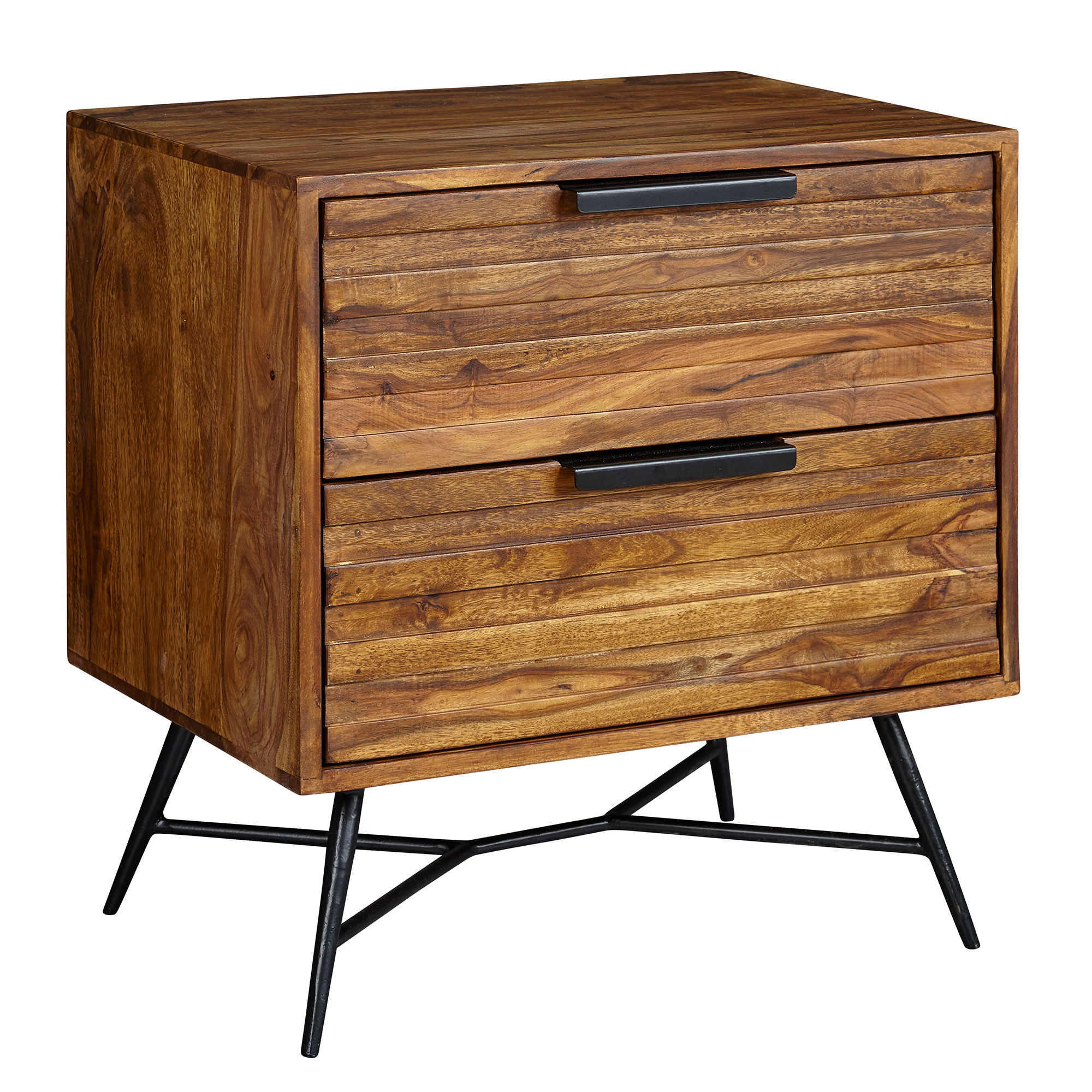 FineBuy Nachtkonsole Sheesham Massivholz mit 2 Schubladen – Nachttisch im Industrial Design mit Metallbeinen, Boxspring Nachtkästchen fürs Schlafzimmer 60x60x40 cm