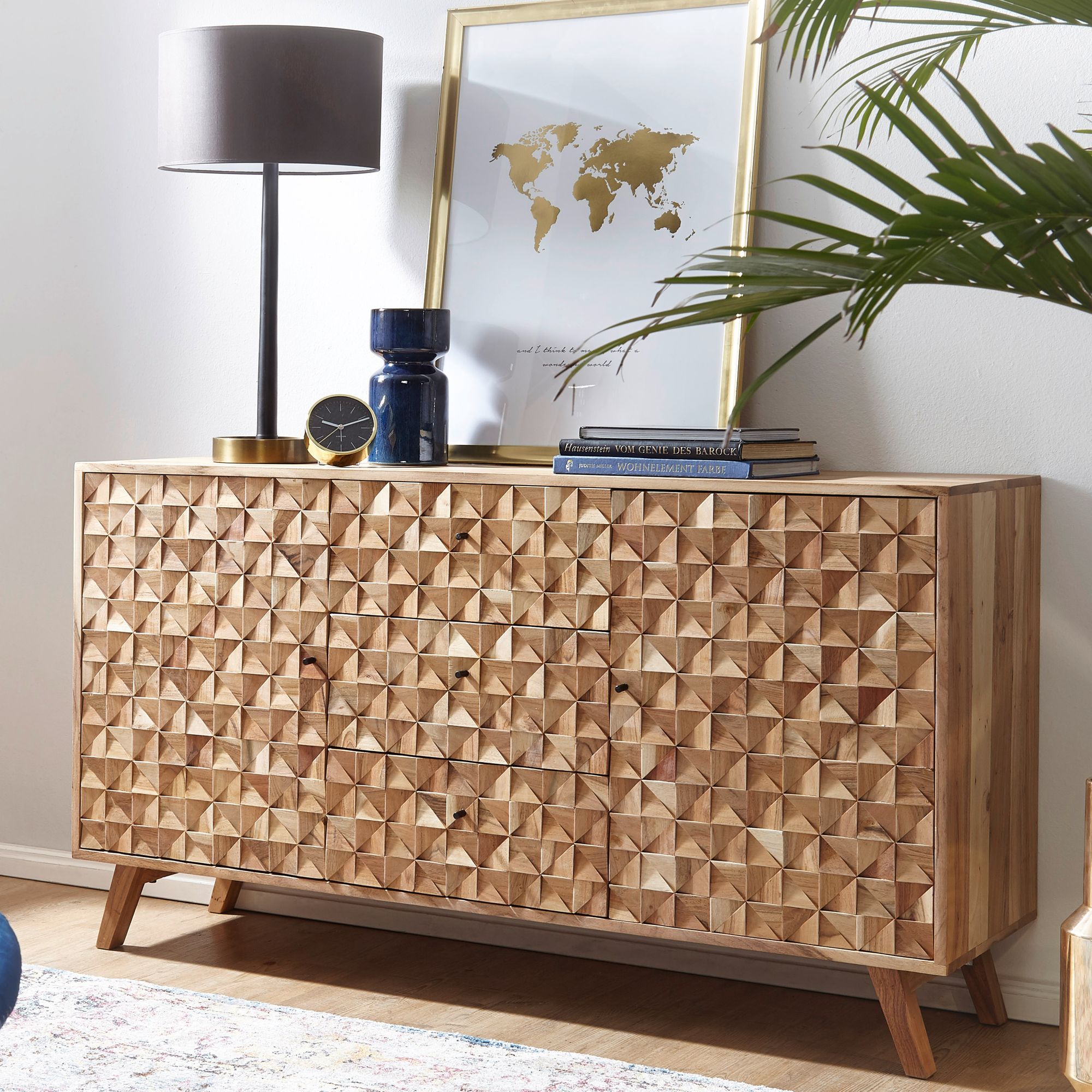 FineBuy Sideboard Akazie Massivholz 140 cm 2 Türen & 3 Schubladen - Massive Retro Kommode mit Design Front -  Natur Anrichte - Handmade Industrial