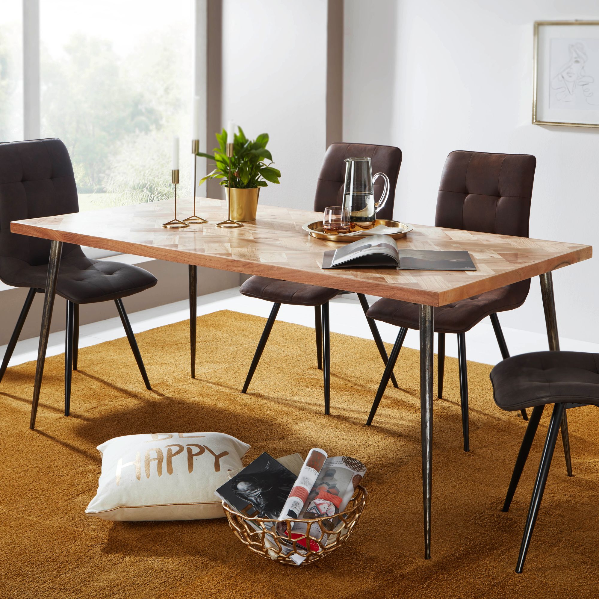 FineBuy Esstisch quadratisch 80 cm Akazie Massivholz für 4 Personen – Quadratischer Industrial Holztisch, Design Küchentisch massiv mit Metallbeinen, Esszimmertisch Holz Vintage Stil