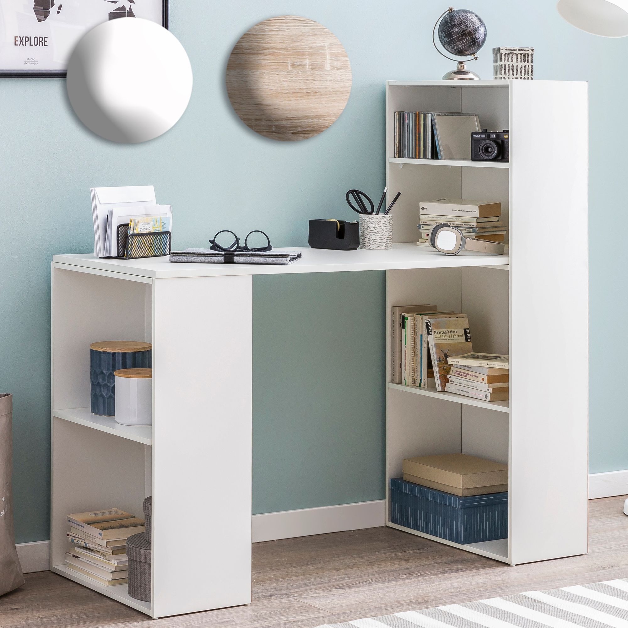 FineBuy Schreibtisch mit Regal 120x120x53 cm Holz Modern, Schreibtischregal Ablagefächer PC Tisch, Computertisch mit Ablage, Design Tisch Büro mit Aufbewahrung