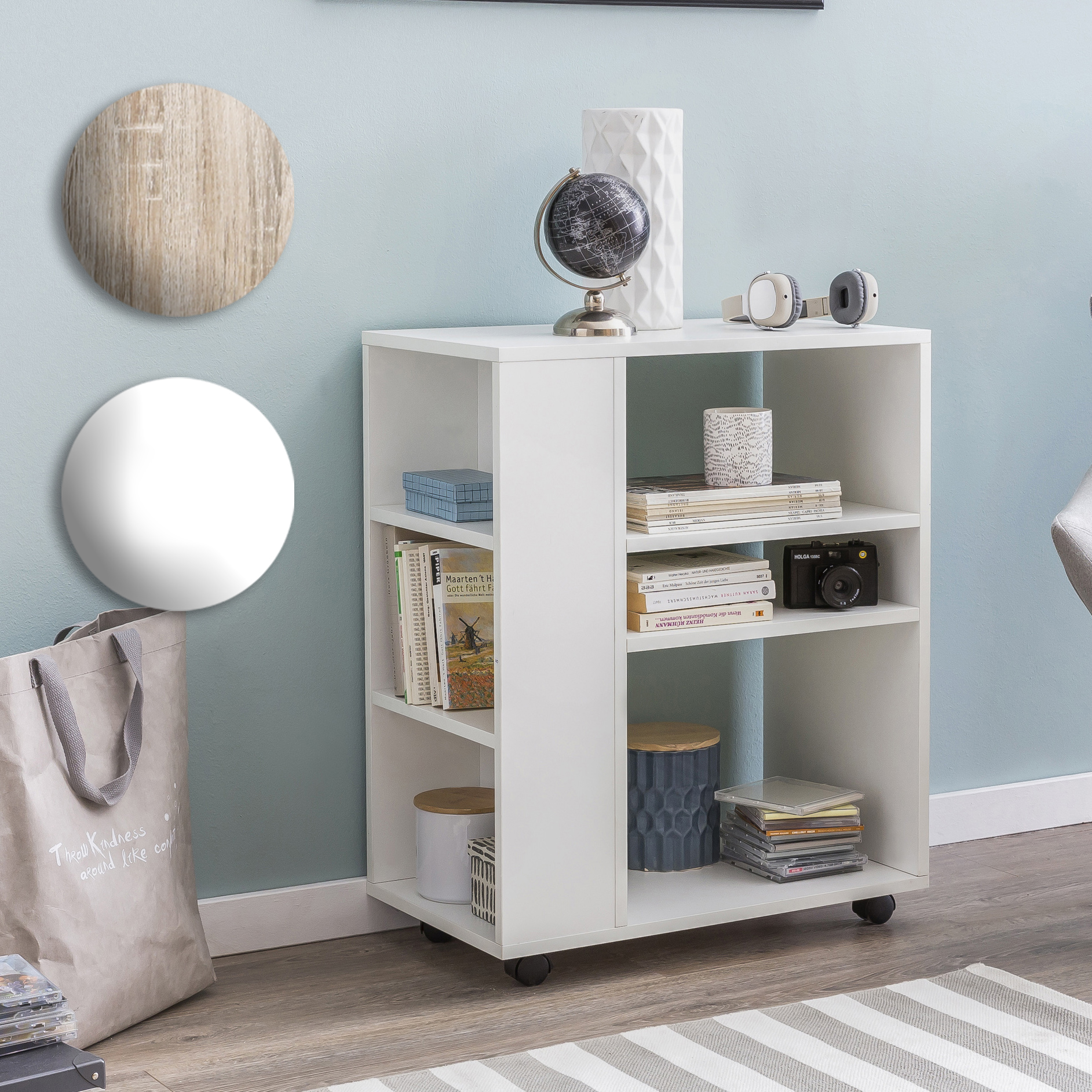 FineBuy Regal 60x35x75 cm Regalwagen mit Rollen Holz, Schmales Küchen-Regal, Telefontisch Rollwagen Modern, Bücher-Regal schmal Standcontainer Hoch