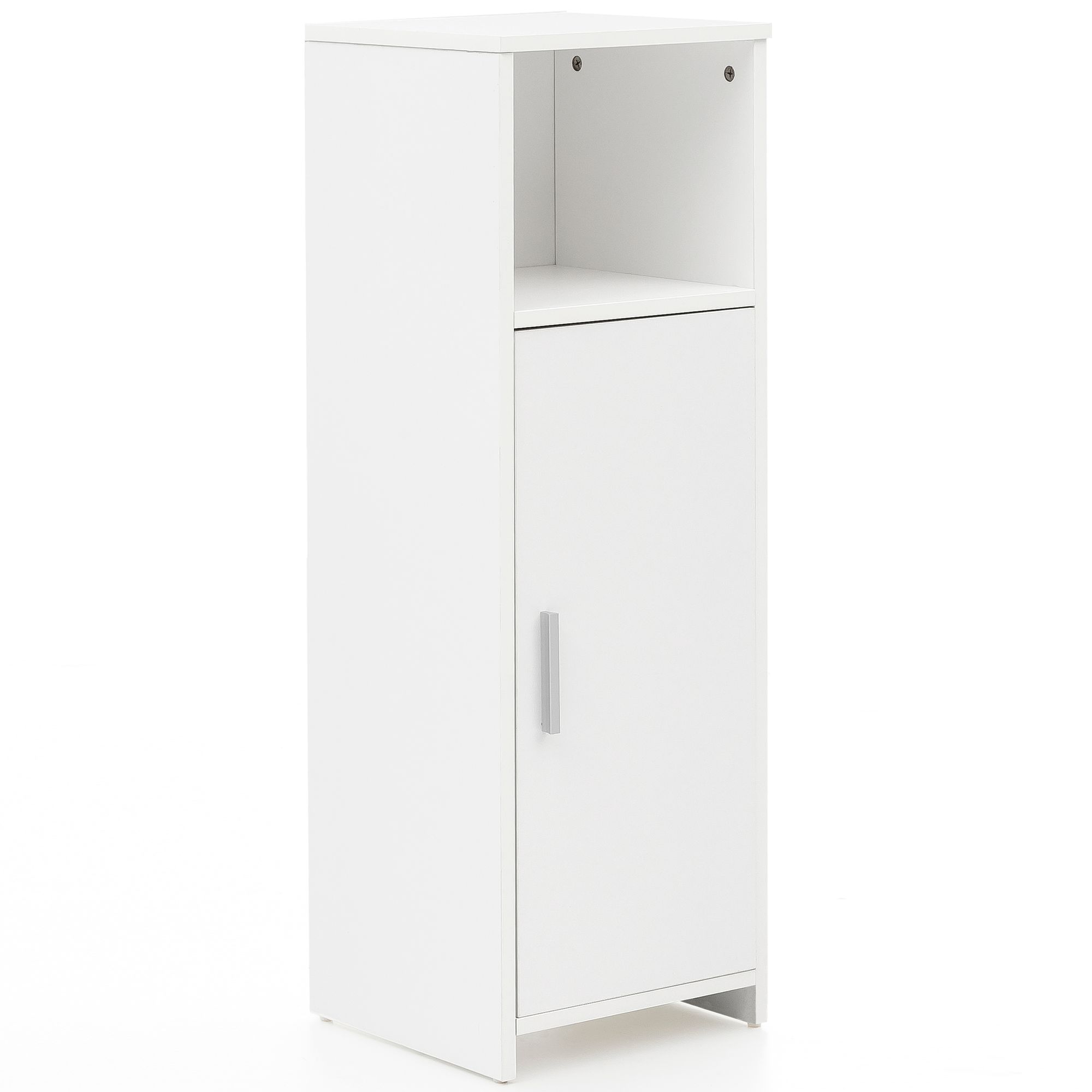 FineBuy Badschrank 30 x 95,5 x 30 cm Weiß Holz mit Tür und Ablagefach, Kleiner Bad-Schrank Beistellschrank Stehend, Badregal Schmal Freistehend Badezimmerkommode, Badmöbel Badezimmermöbel