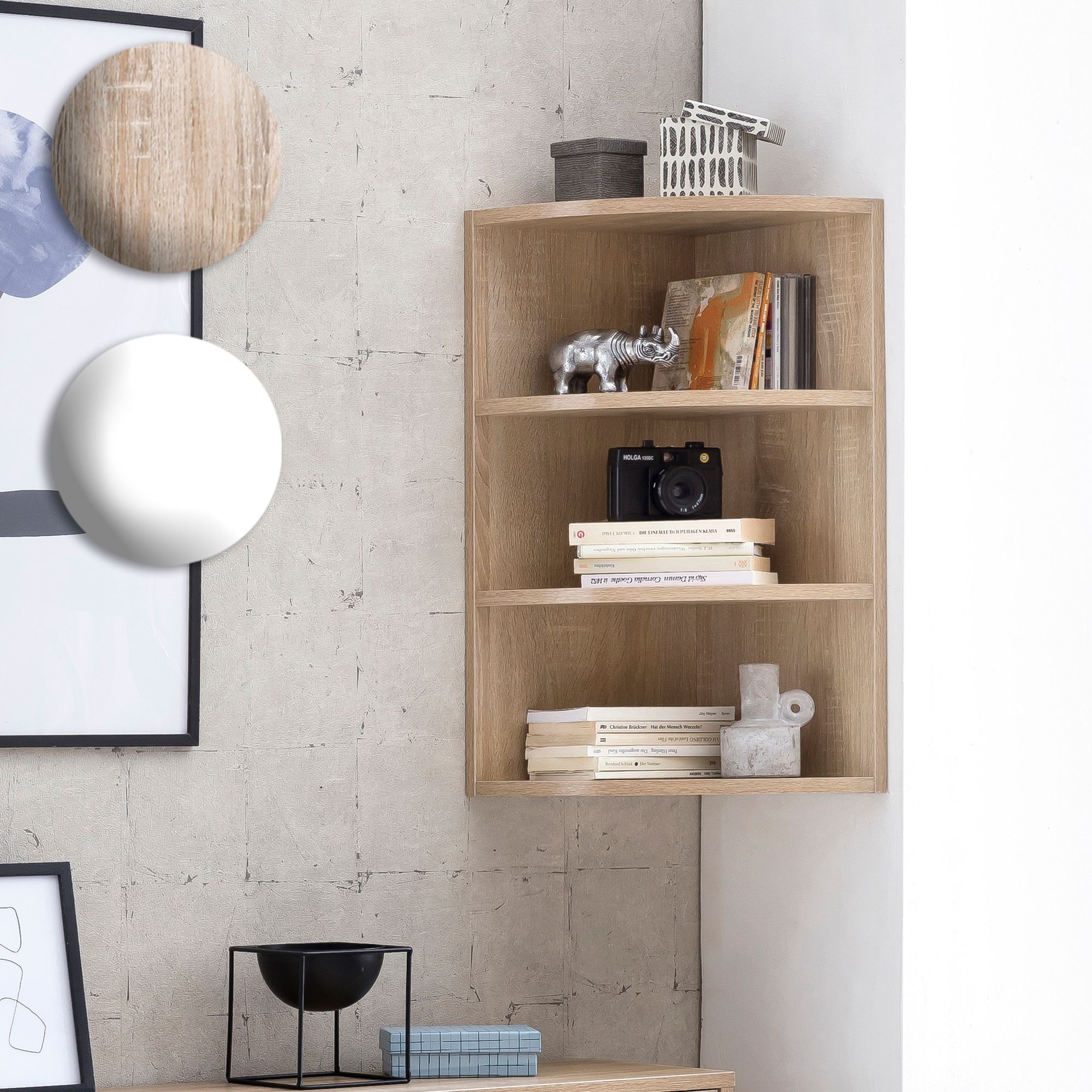 FineBuy Eckregal 30 x 60 x 30 cm in Holz, Wandregal - Winkelregal mit 3 Regal Ebenen, Küchenregal Hängend, Standregal Regal Bücherregal