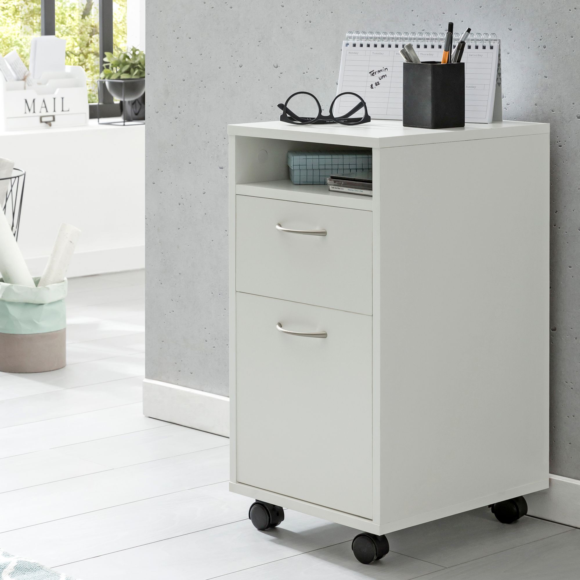 FineBuy Rollcontainer 33x63x38 cm Schreibtisch-Unterschrank Holz, Roll-Kommode Modern, Bürocontainer Schubladenschrank mit Tür, Kleiner Schreibtischschrank mit Rollen