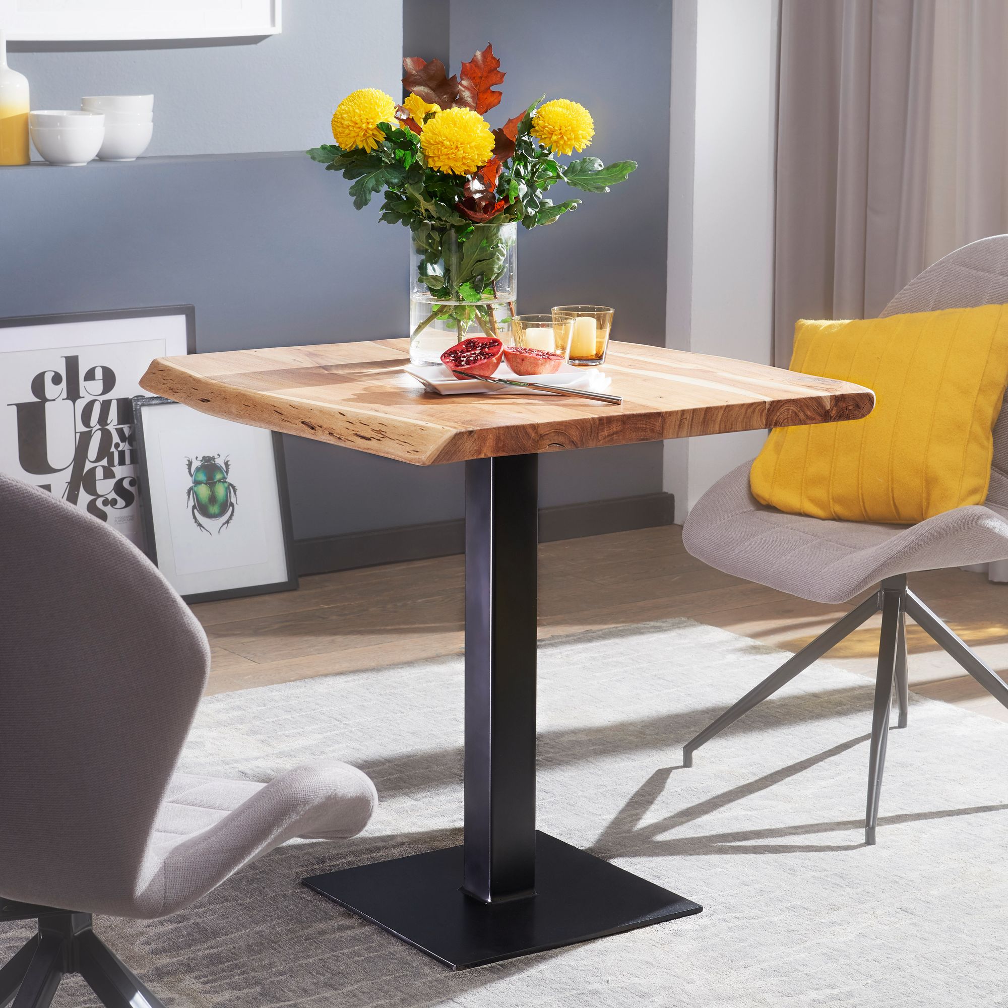 FineBuy Esszimmertisch quadratisch 80cm Massivholz Akazie Baumkante - Industrial Esstisch Baumstamm Massiv Echtholz - Küchentisch - Baumkantentisch Bistrotisch