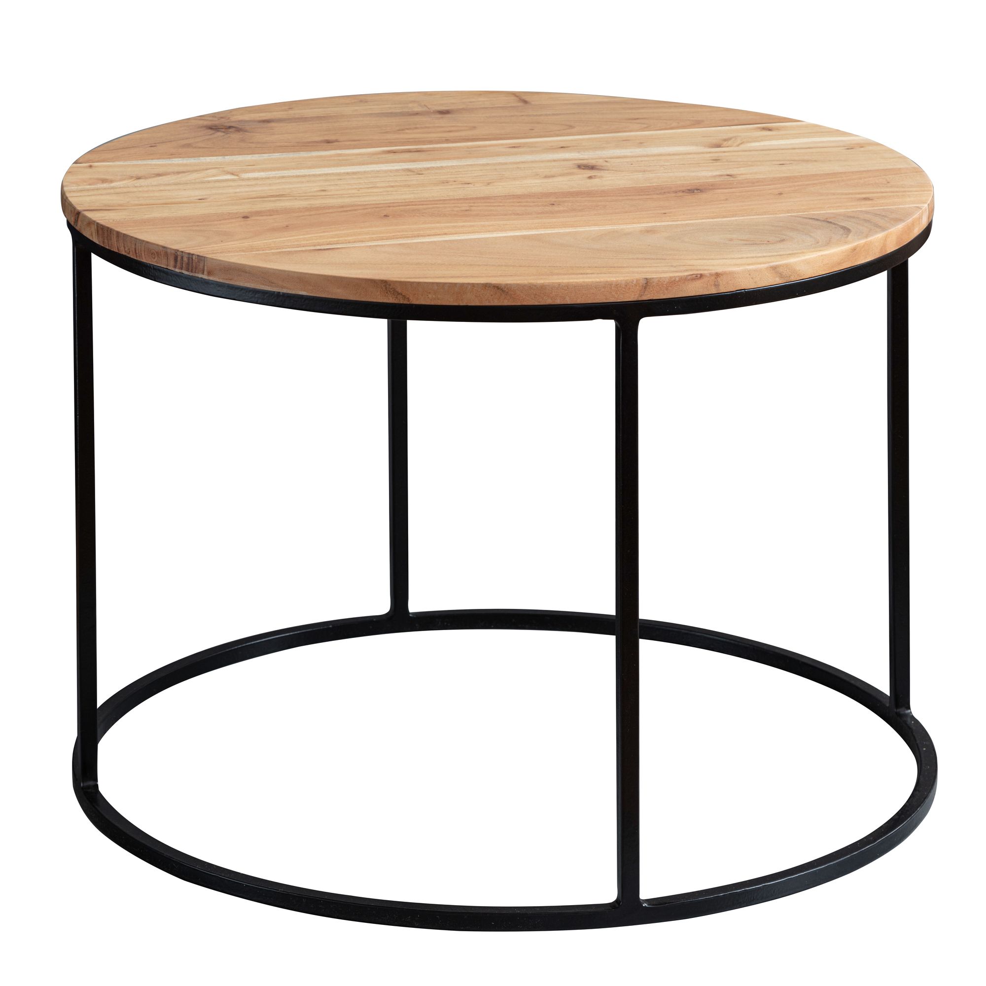 FineBuy Couchtisch Akazie Massivholz rund 60 cm · Wohnzimmertisch mit schwarzem Metallgestell · Handgefertigt · Natur Holz Tisch im modernen Industrial Design