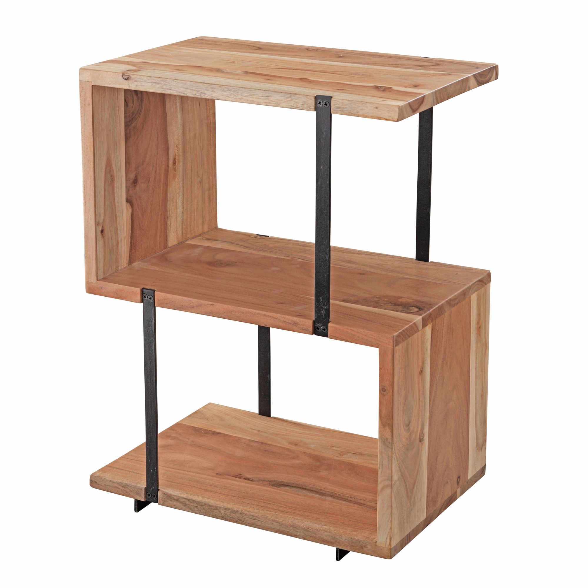 FineBuy Beistelltisch S-Form 45x60x30cm Akazie Metall Ablagetisch, Tischchen Wohnzimmer Industrial, Holztisch mit Metallbeinen, Dekotisch Holz