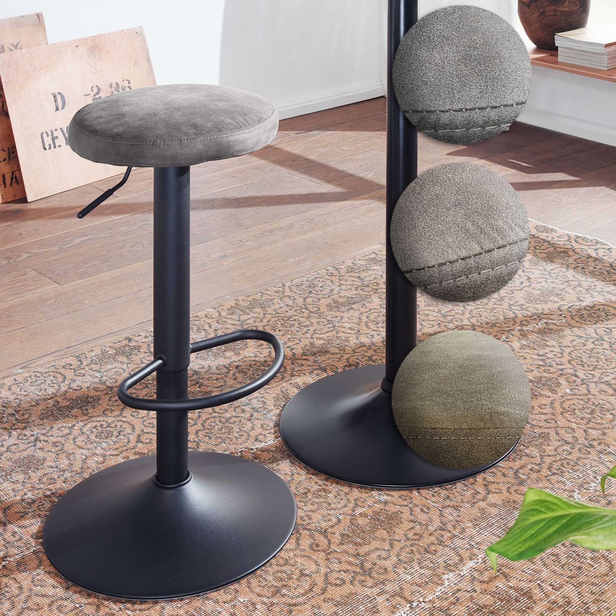 FineBuy Barhocker Wildlederoptik Hocker ohne Lehne 58 - 79 cm, Küchenhocker Stoff / Metall 100kg, Design Barstuhl Tresenhocker Drehbar Bistrohocker