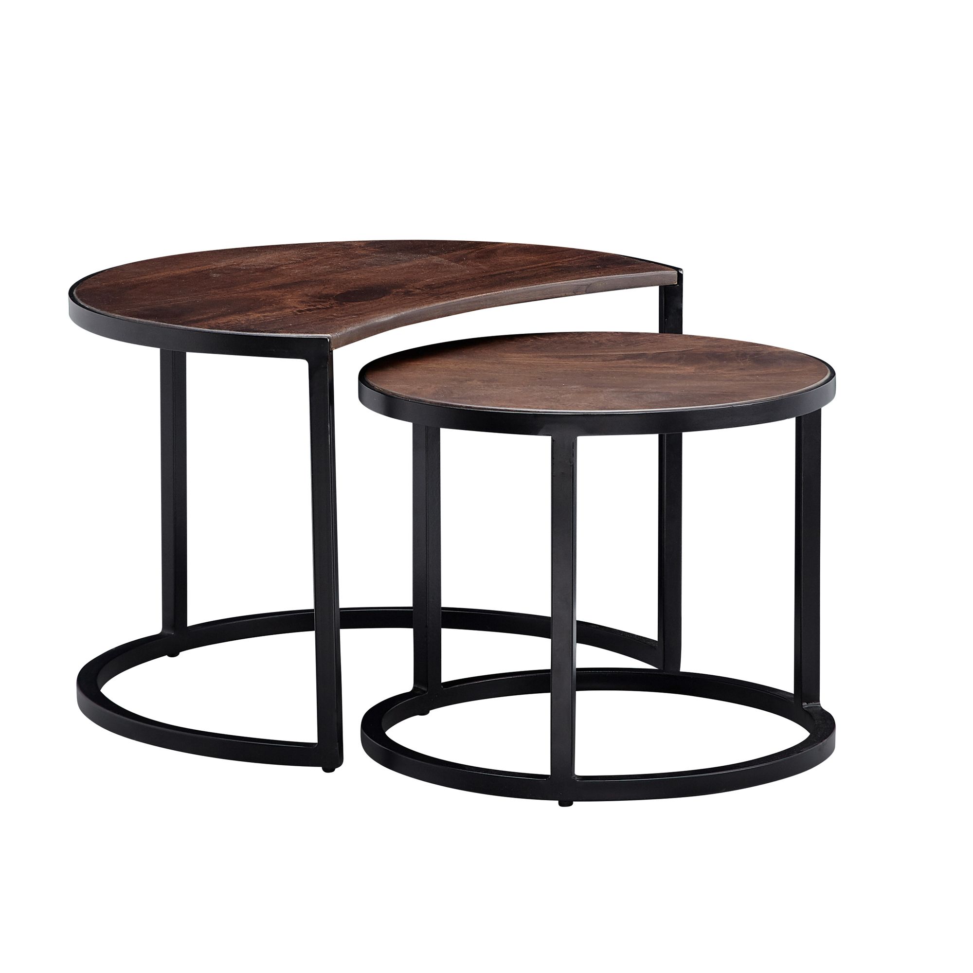 FineBuy Couchtisch Set 2er Mango Massivholz rund Natur · Wohnzimmertisch Beistelltisch mit Metallgestell Schwarz · Satztische im Industrial Design