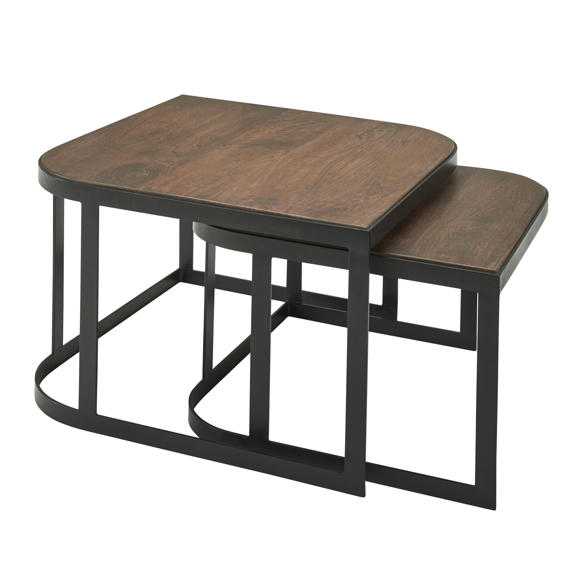 FineBuy Couchtisch 2er Set Mango Massivholz / Metall Wohnzimmertisch Braun, Industrial Satztisch Beistelltisch Metallbeine Schwarz, Tischset 2-teilig Satztisch Holz