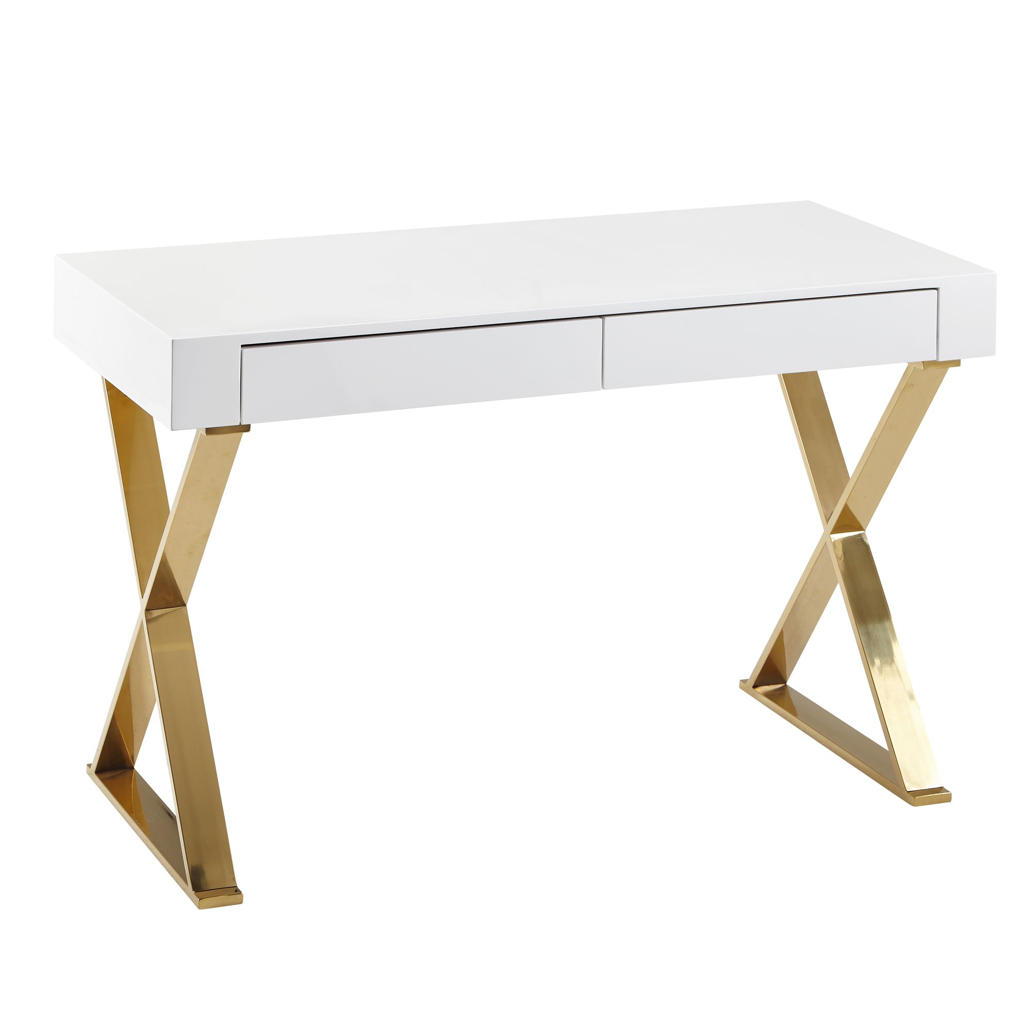FineBuy Schreibtisch 118x76x57 cm Holz Hochglanz Weiß Metallbeine Golden, Design Computertisch PC-Tisch Bürotisch Modern, Konsolentisch Schubladen
