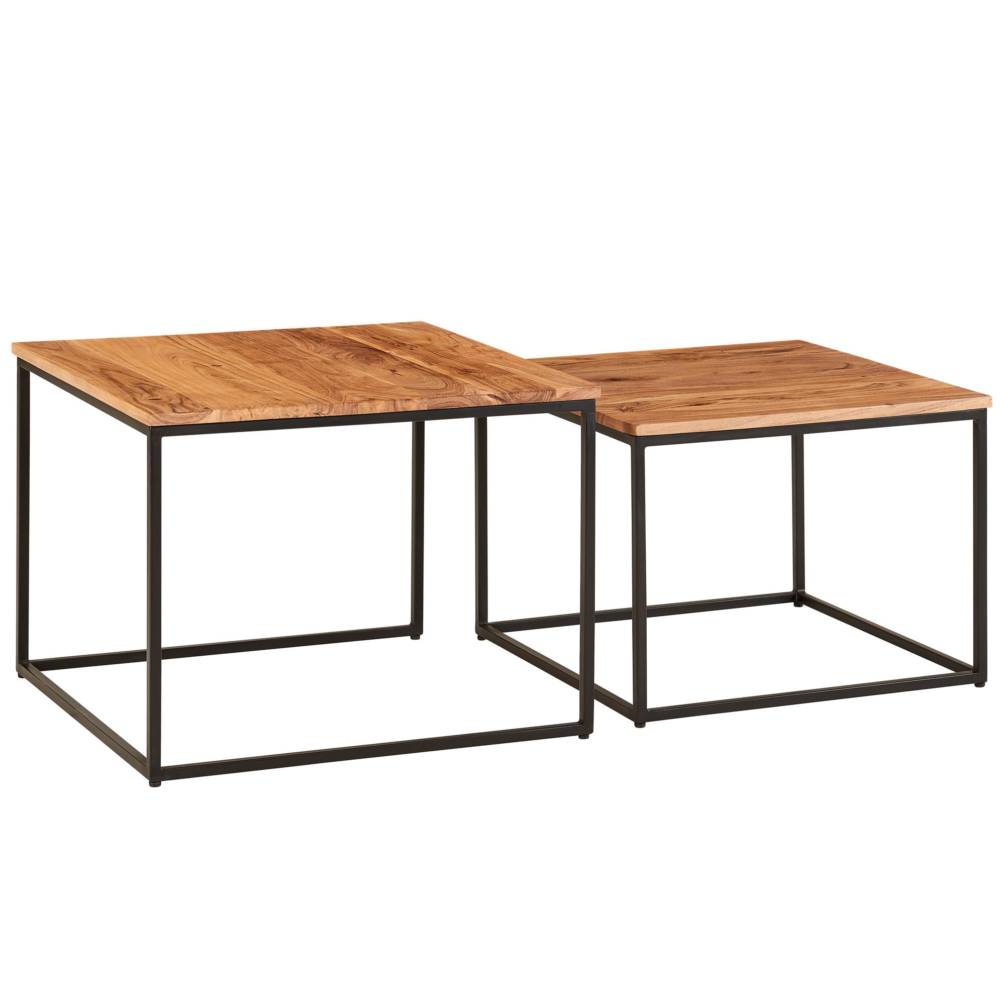 FineBuy Couchtisch 2er Set Akazie Massivholz quadratisch · Wohnzimmertisch Set mit schwarzem Metallgestell · Handgefertigte Beistelltische im modernen Industrial Design Satztisch