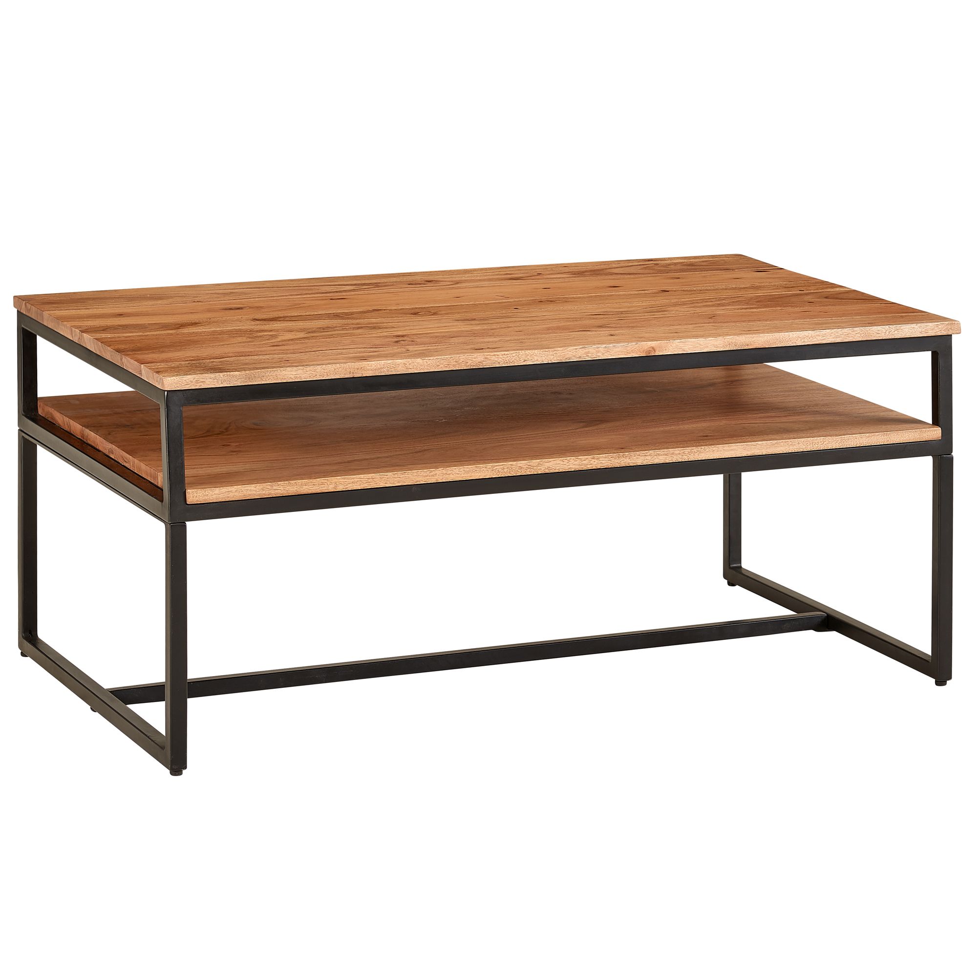 FineBuy Couchtisch Akazie Massivholz 100 cm · Wohnzimmertisch mit Ablage und schwarzem Metallgestell · Rechteckiger Industrial Tisch im modernen Loft Design