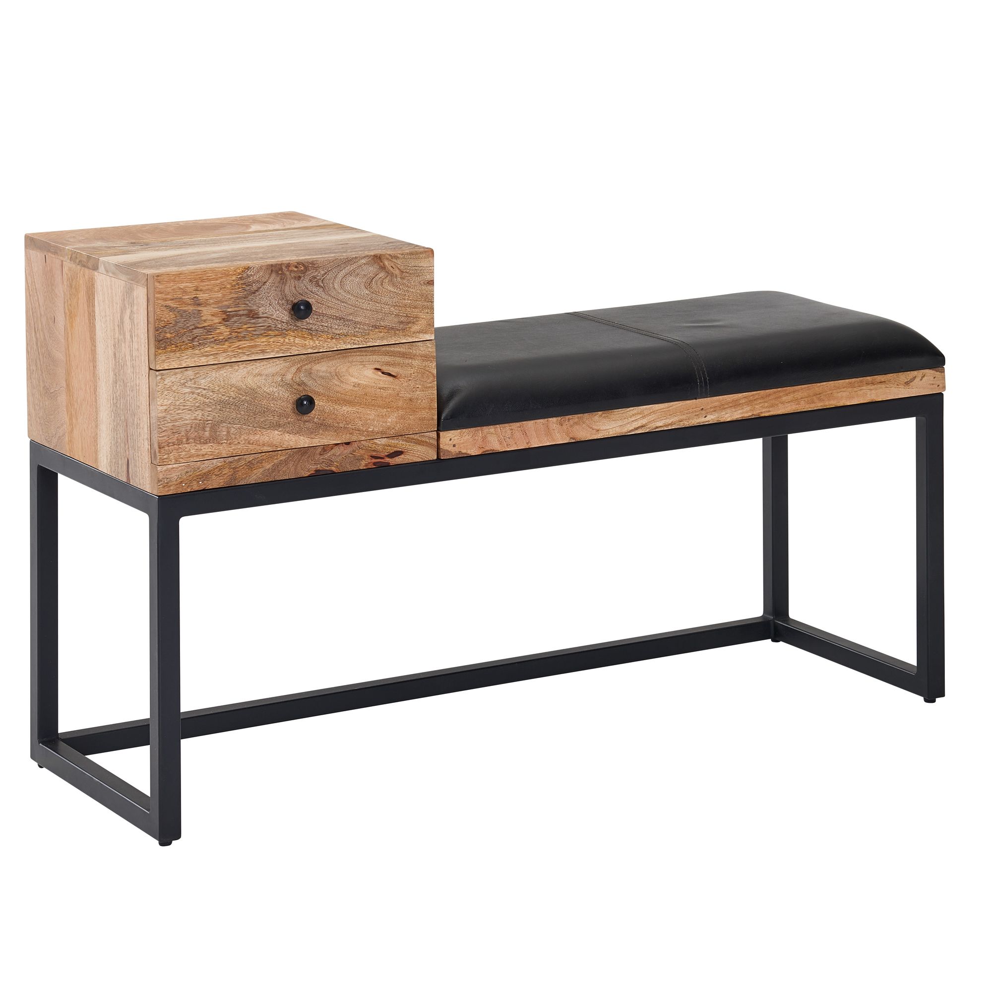 FineBuy gepolsterte Sitzbank 100 cm Massivholz Echtleder Schwarz mit Schublade - Retro Polsterbank für Garderobe, Schlafzimmer, Wohnzimmer  - Garderobenbank Eingangsbereich