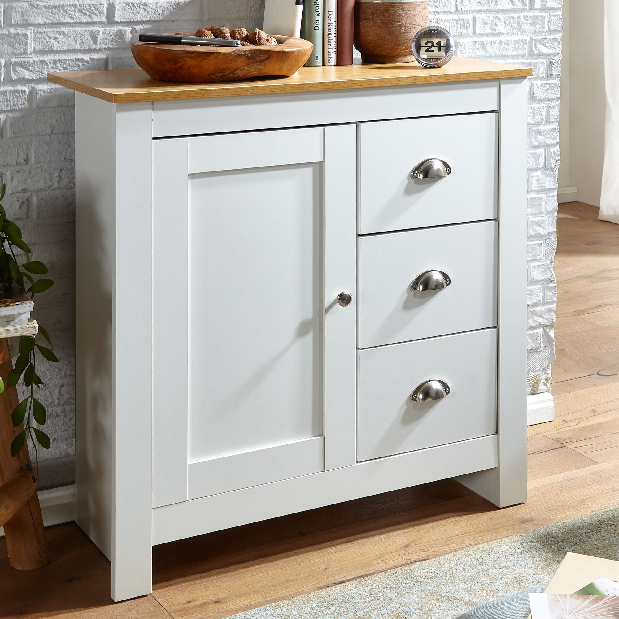 FineBuy Sideboard mit 3 Schubladen 79x81x35 cm Kommode Weiß / Eiche Modern, Design Anrichte Hoch mit Tür, Schubladenkommode Wohnzimmer