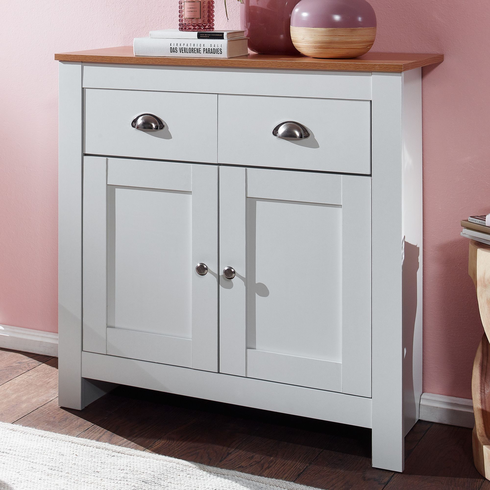 FineBuy Sideboard mit 2 Schubladen 79x81x34,5 cm Kommode Weiß / Eiche Modern, Design Anrichte Hoch mit Türen, Schubladenkommode Wohnzimmer