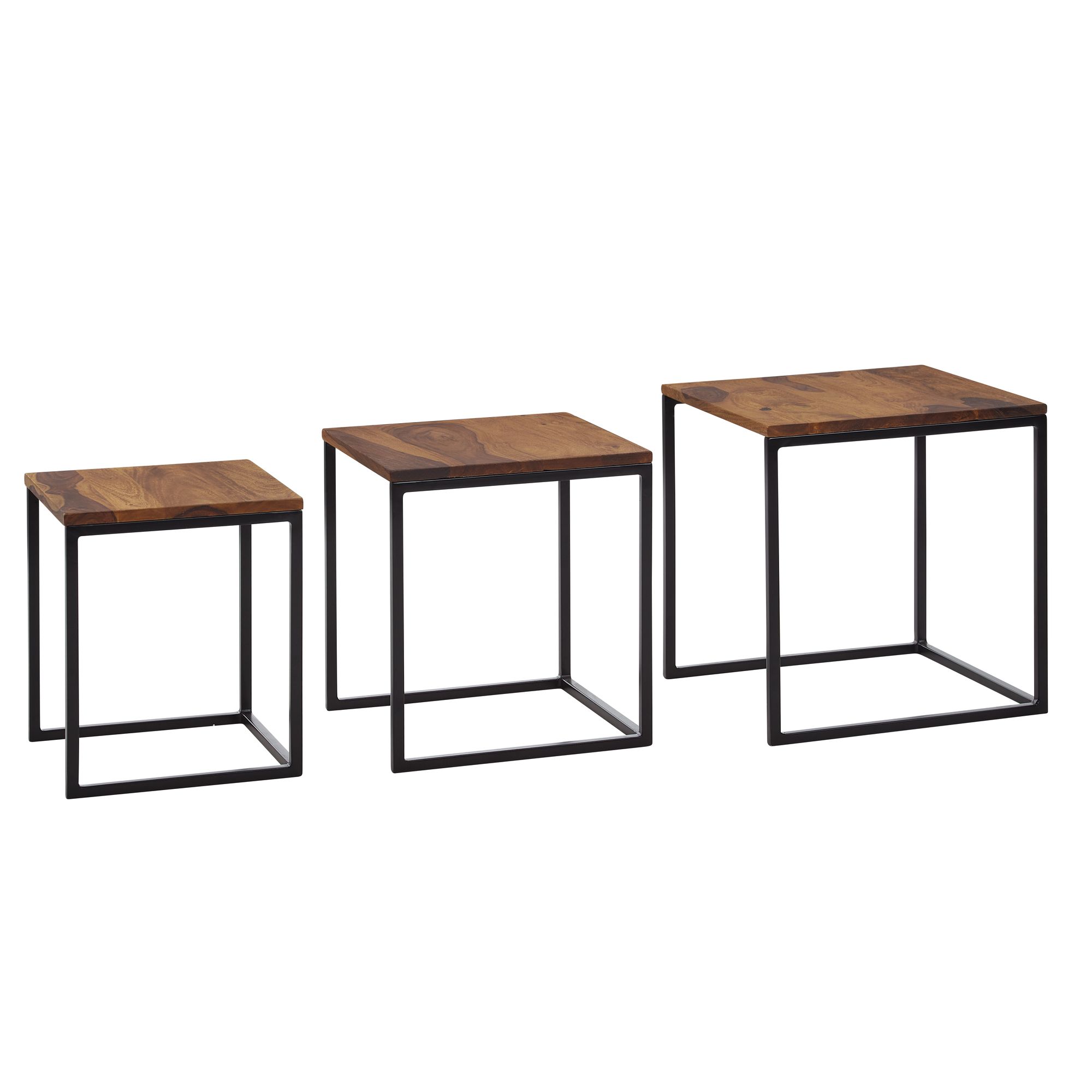 FineBuy Satztisch 3er Set Sheesham Massivholz / Metall Beistelltisch Eckig Modern, Design Couchtisch 3-teilig, Wohnzimmertisch Platzsparend, Holztisch Kaffeetisch Wohnzimmer