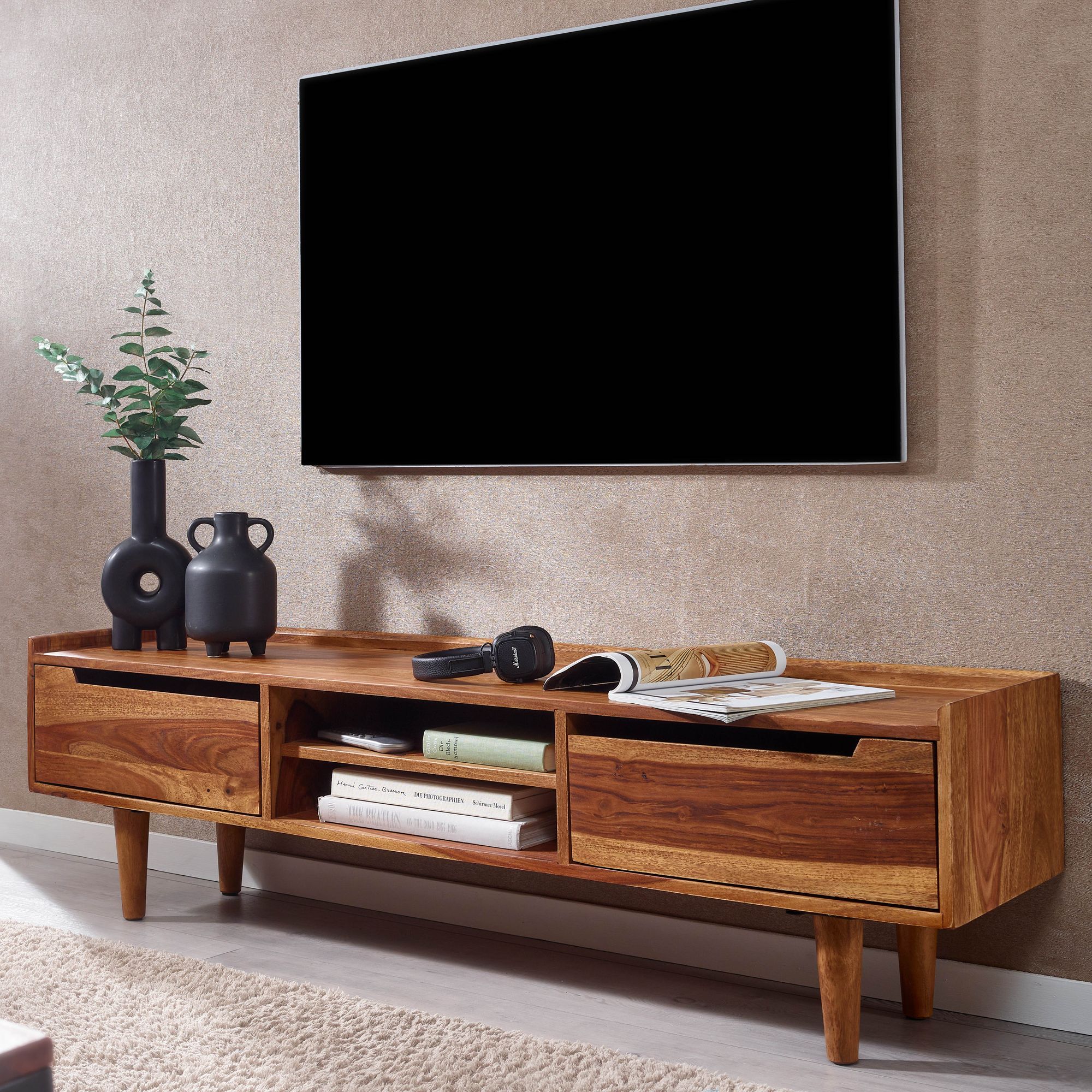 FineBuy Lowboard Sheesham Massivholz 145x43x35 cm TV-Kommode mit zwei Türen, Design TV-Schrank Hoch, Fernsehtisch Fernsehschrank Modern, Fernsehkommode Wohnzimmer