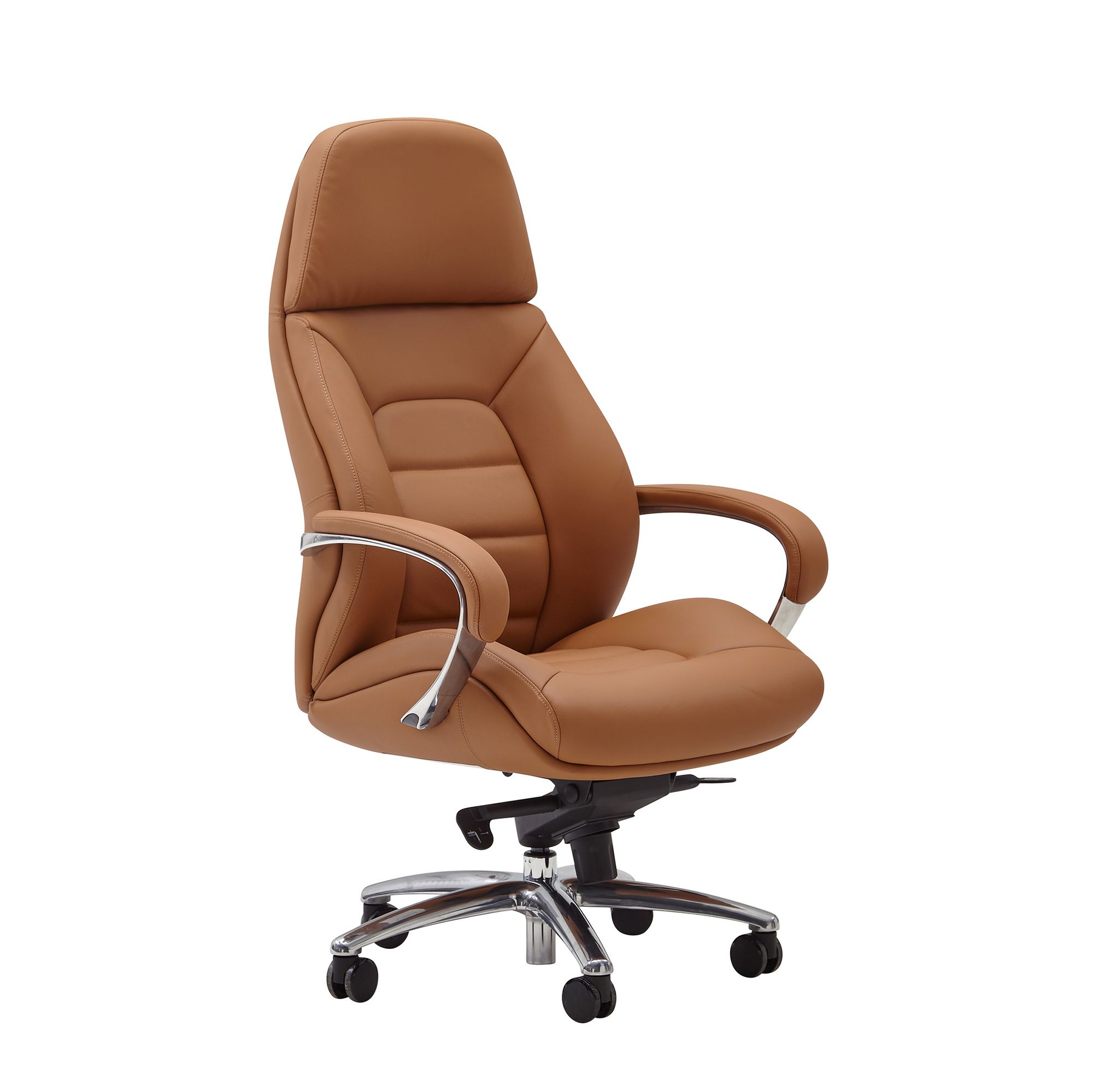 FineBuy Design Bürostuhl Bezug Echtleder Caramel Schreibtischstuhl bis 120 kg, XXL Design Chefsessel höhenverstellbar, Drehstuhl ergonomisch mit Armlehnen & hoher Rückenlehne, Wippfunktion