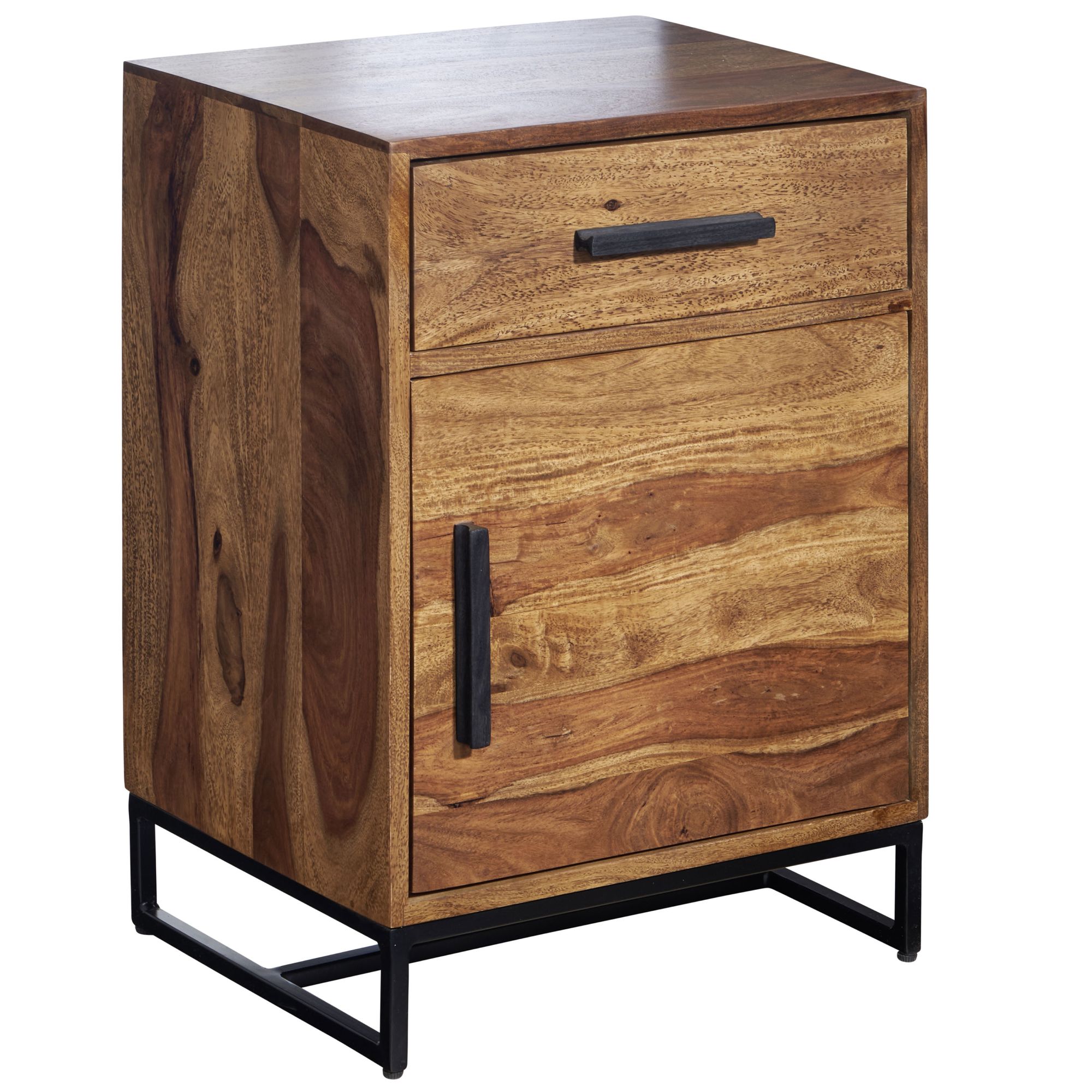 FineBuy Nachttisch Sheesham Massivholz mit Metallgestell, Schublade und Tür – Nachtkonsole im Industrial Design, handgefertigt – Nachtkästchen für Boxspringbett 45x35x65 cm
