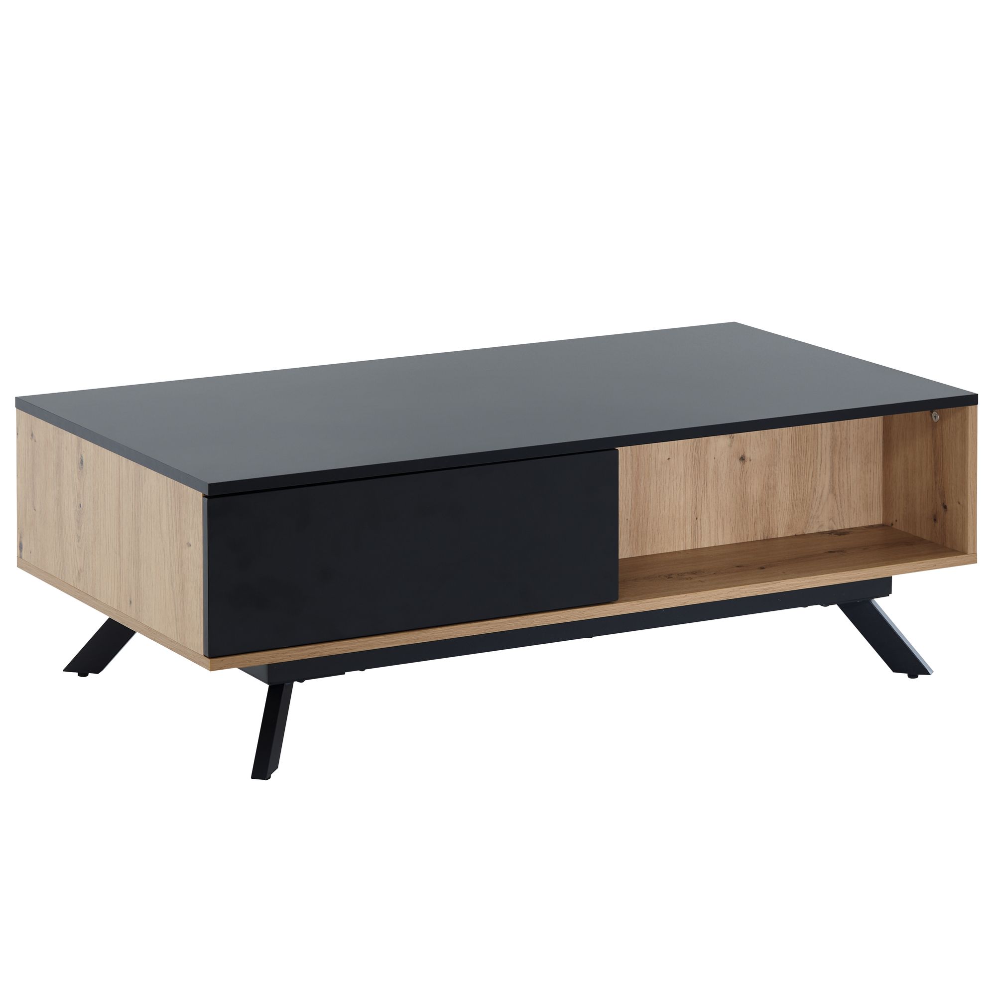 FineBuy Couchtisch 110x60x38 cm MDF Eiche-Dekor / Schwarz Wohnzimmertisch, Sofatisch Rechteckig mit Stauraum, Kaffeetisch mit Schubladen, Tisch Wohnzimmer mit Metallbeine