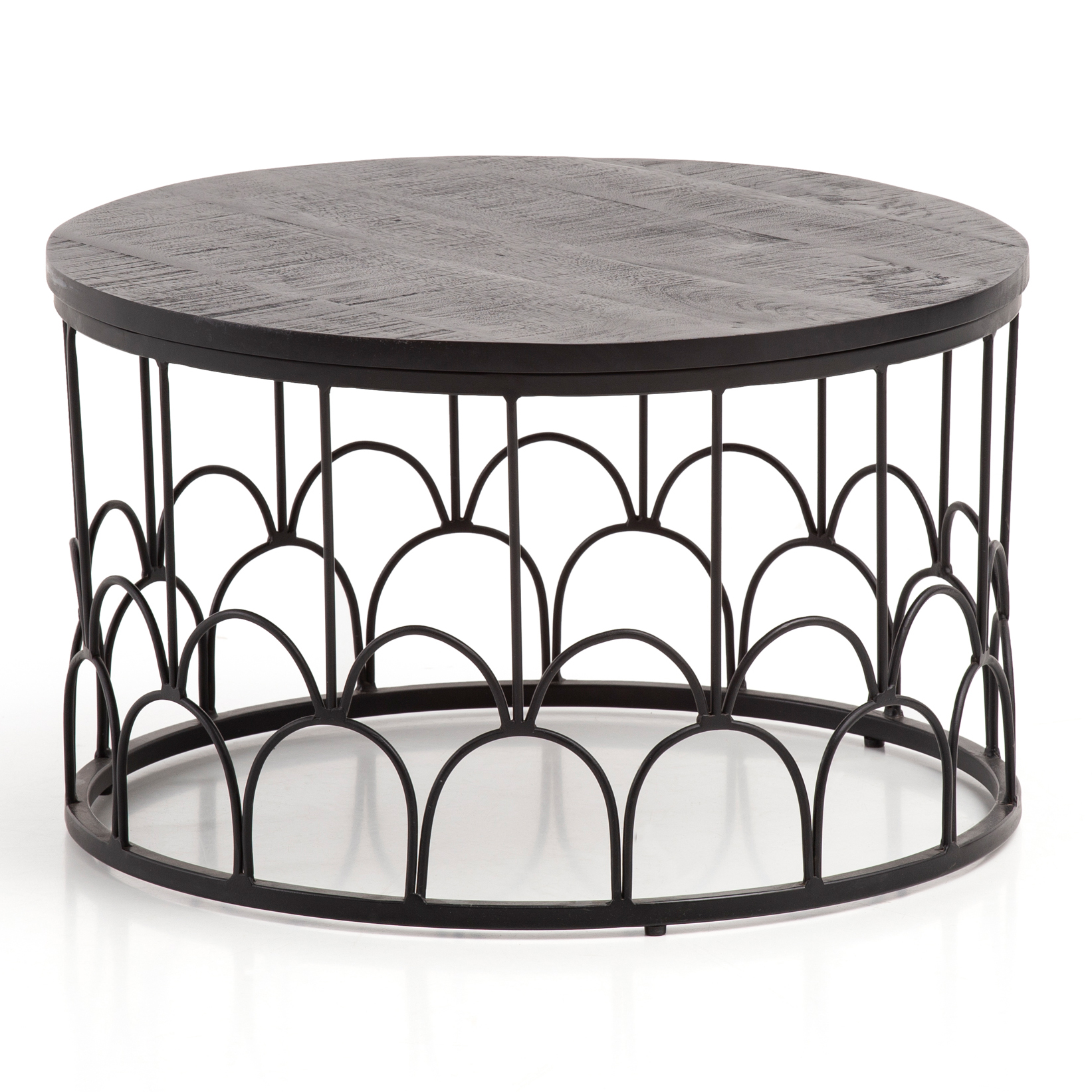 FineBuy Couchtisch Mango Massivholz rund Ø 60 cm Schwarz · Wohnzimmertisch mit Metallgestell · Handgefertigter Sofatisch im Art-Deco Industrial Design