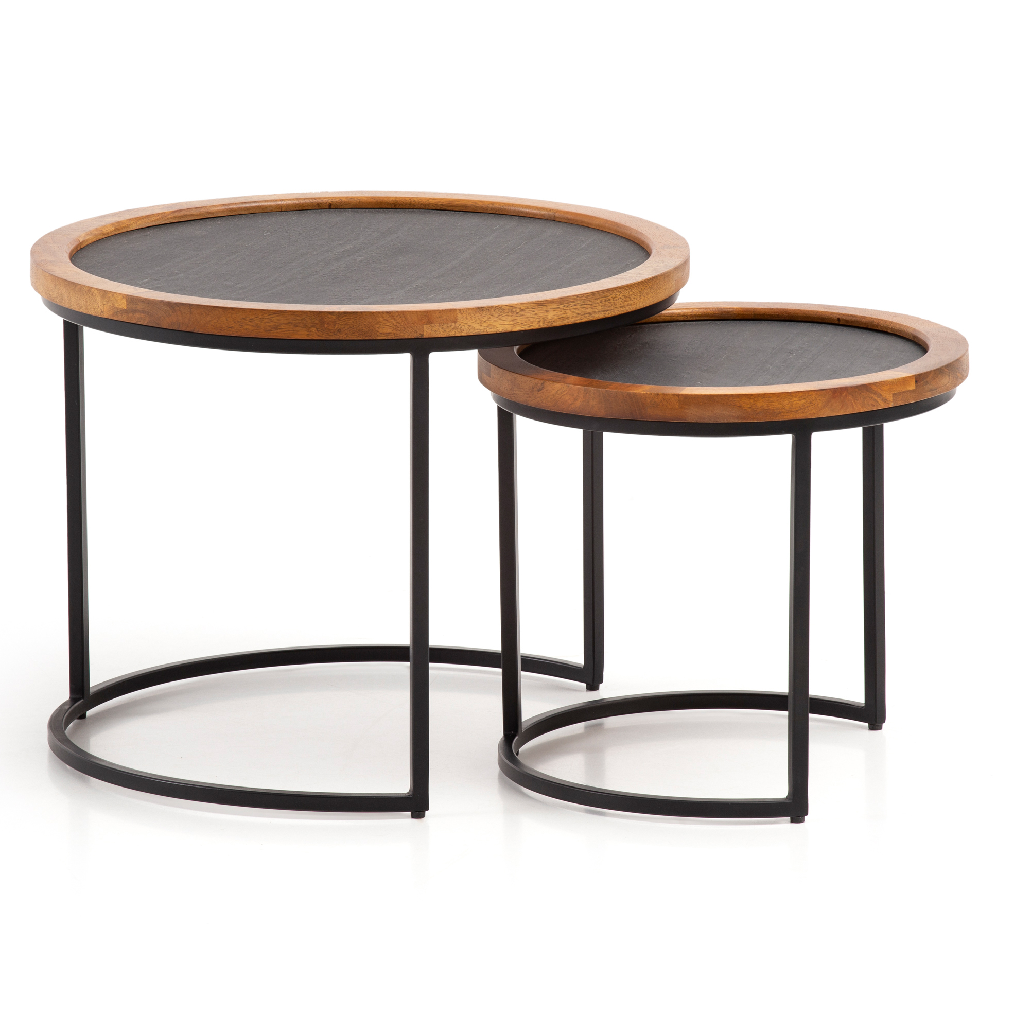 FineBuy Couchtisch 2er Set Mango Massivholz / Steinoptik Wohnzimmertisch Rund, Satztisch mit Metallgestell, Kaffeetisch Modern, Sofatisch Verschachtelungstisch 2-teilig Braun / Anthrazit