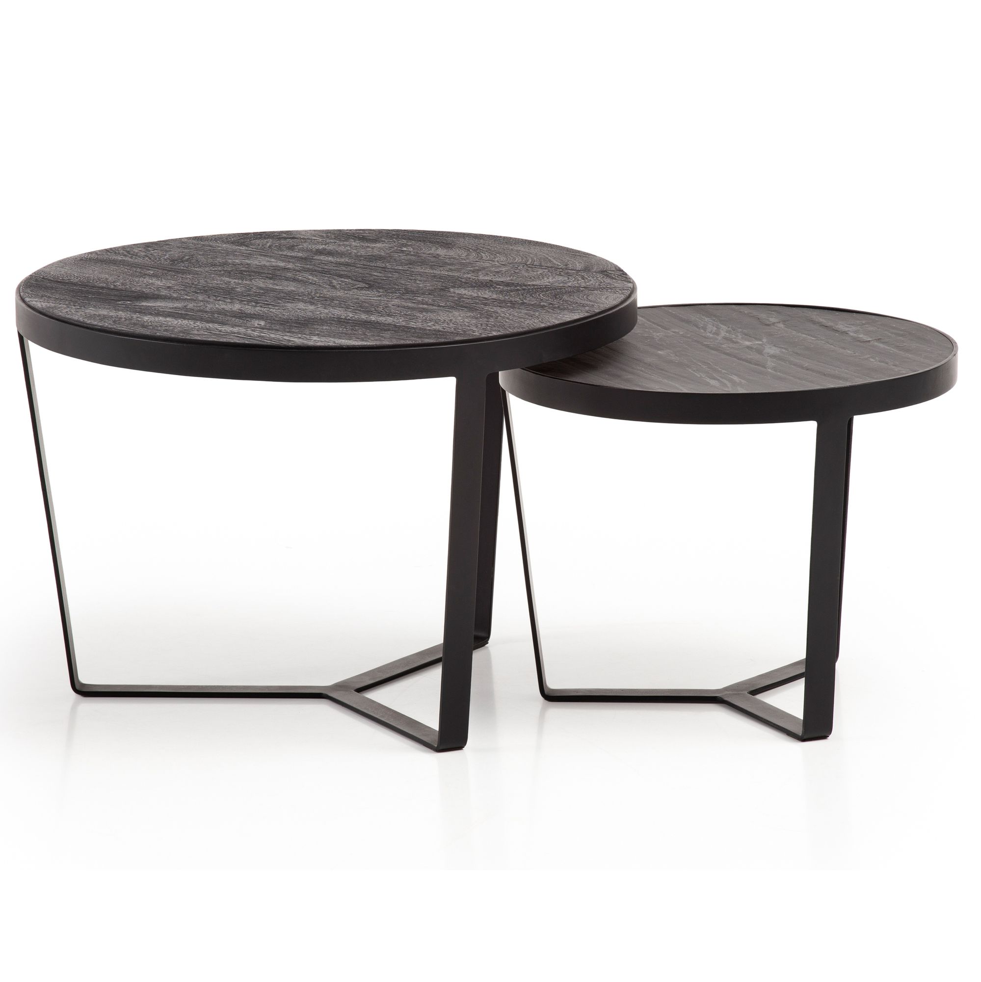 FineBuy Couchtisch 2er Set Akazie Massivholz / Steinoptik Wohnzimmertisch Rund, Satztisch mit Metallgestell, Kaffeetisch Modern, Sofatisch Verschachtelungstisch 2-teilig
