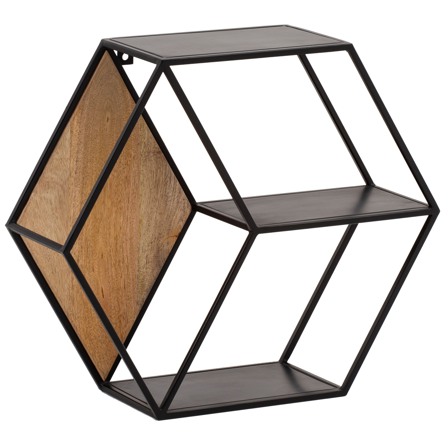 FineBuy Wandregal 60x52x20 cm Mango Massivholz / Metall Hängeregal Industrial, Design Schweberegal Sechseckig, Dekoregal Hängend Wabenform, Regal Wand mit 3 Ablagen