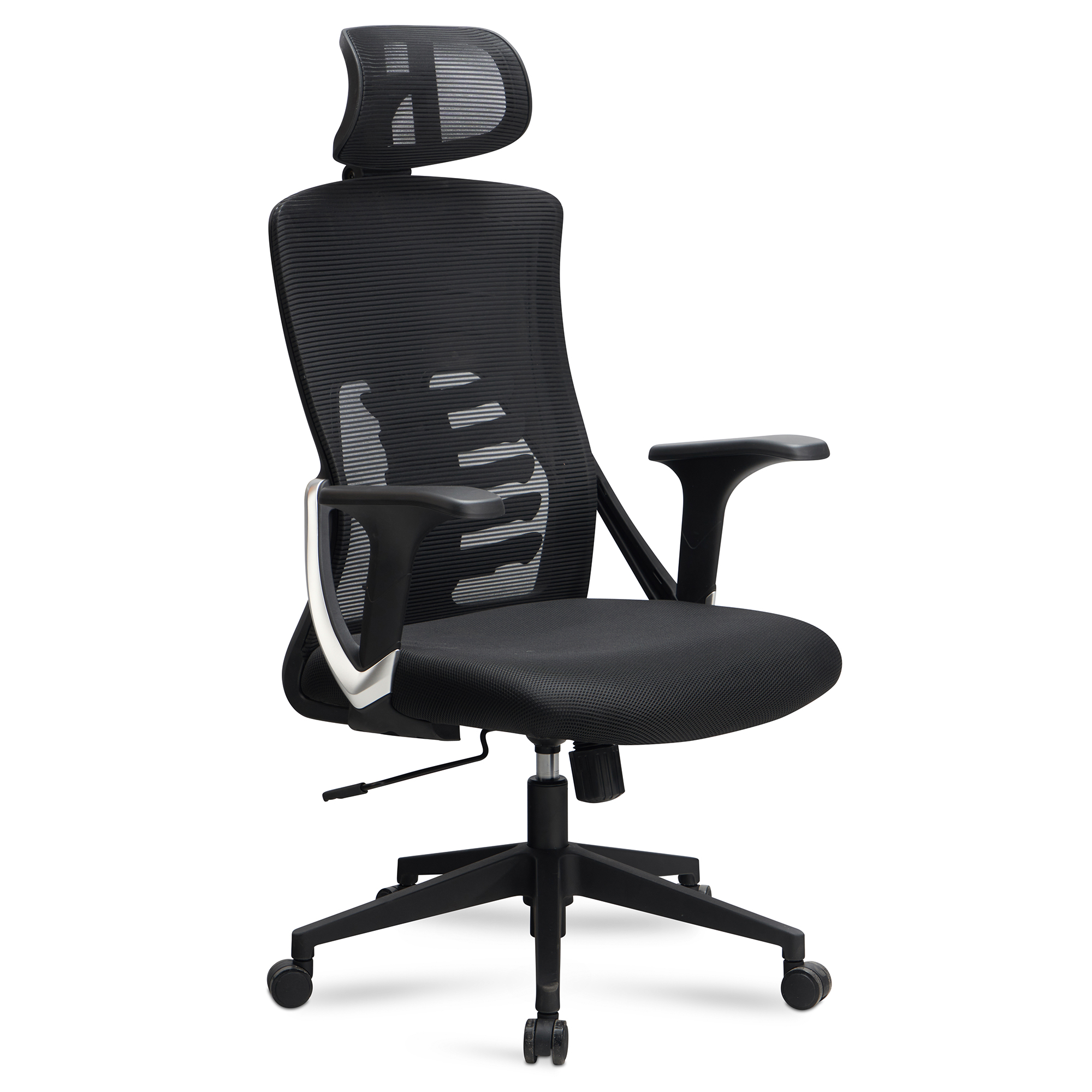 FineBuy Bürostuhl Schwarz Mesh-Bezug Schreibtischstuhl bis 120 kg mit Kopfstütze, Drehstuhl höhenverstellbar mit Lendenwirbelstütze, Stoff-Schreibtischsessel ergonomisch mit Wippfunktion