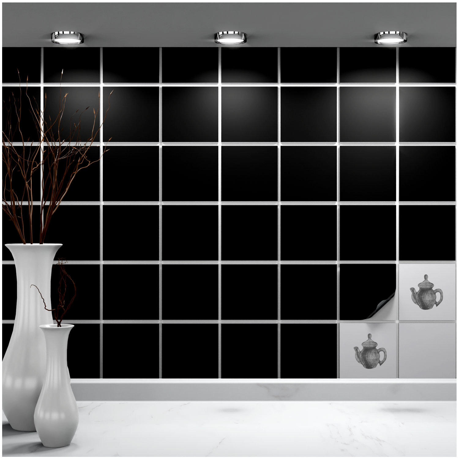 Fliesenaufkleber Weiss 10x10 cm für Küche, Bad - Fliesenfolie Schwarz matt - FoLIESEN