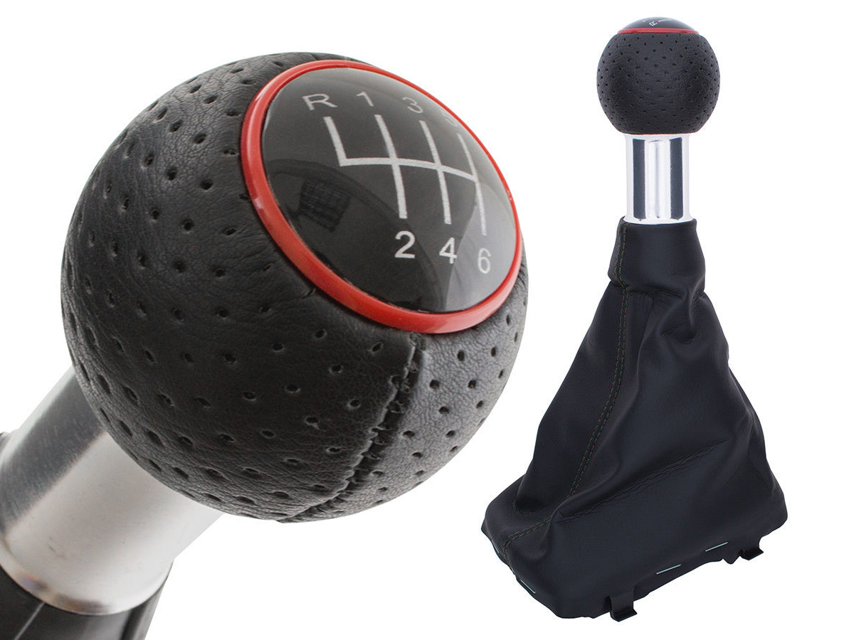 PREMIUM Schaltknauf Loch-Leder Alu Schwarz Ring Rot 6-Gang für Audi A4 B8 8K