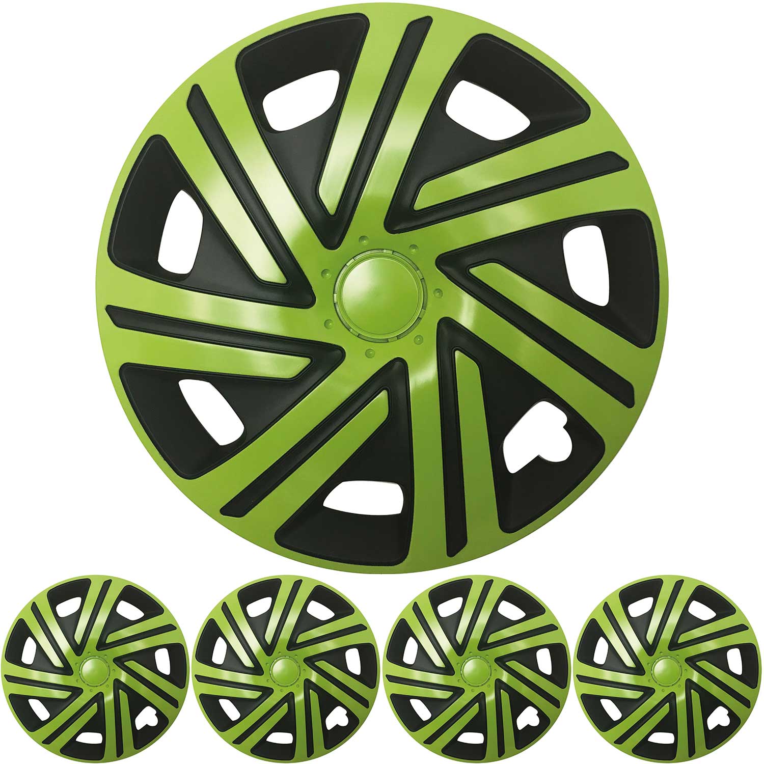 4x PREMIUM DESIGN Radkappen Radzierblenden Set 'Cyrkon' 15 ZOLL in Grün Schwarz