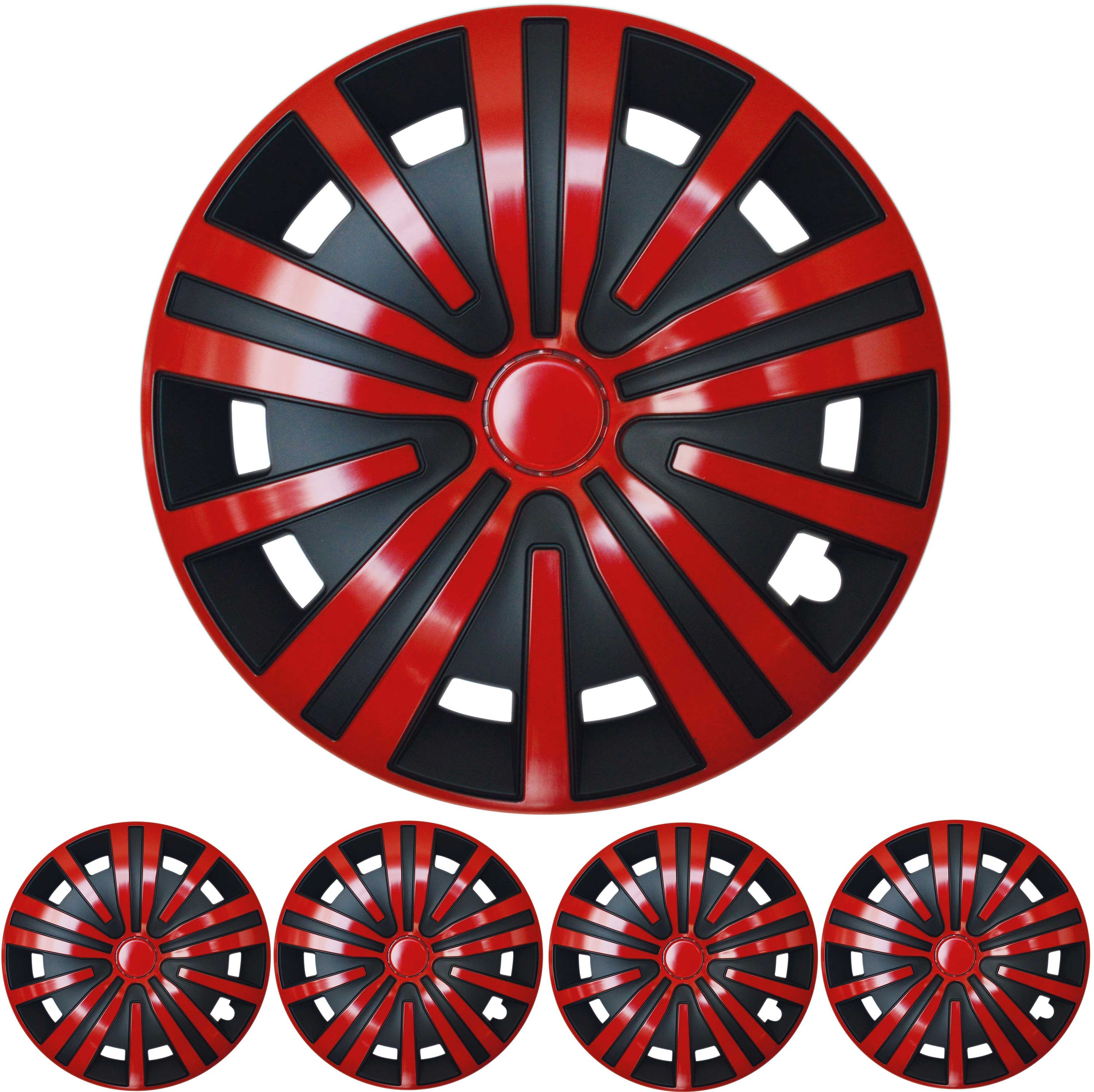 4x PREMIUM DESIGN Radkappen Radzierblenden Set 'Spinel' 15 ZOLL in Rot / Schwarz