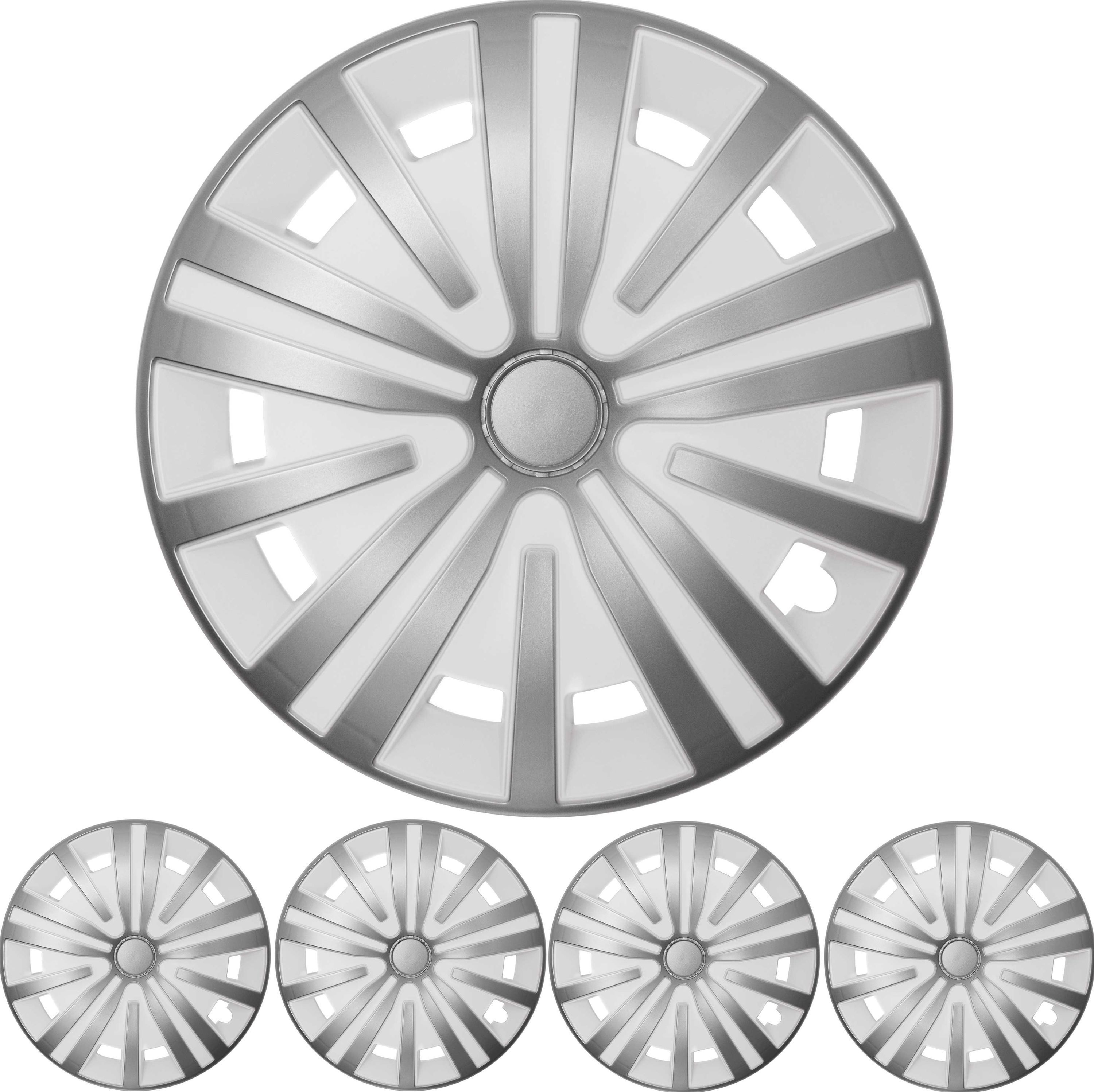 4x PREMIUM DESIGN Radkappen Radzierblenden Set Spinel 15 ZOLL in Silber / Weiß