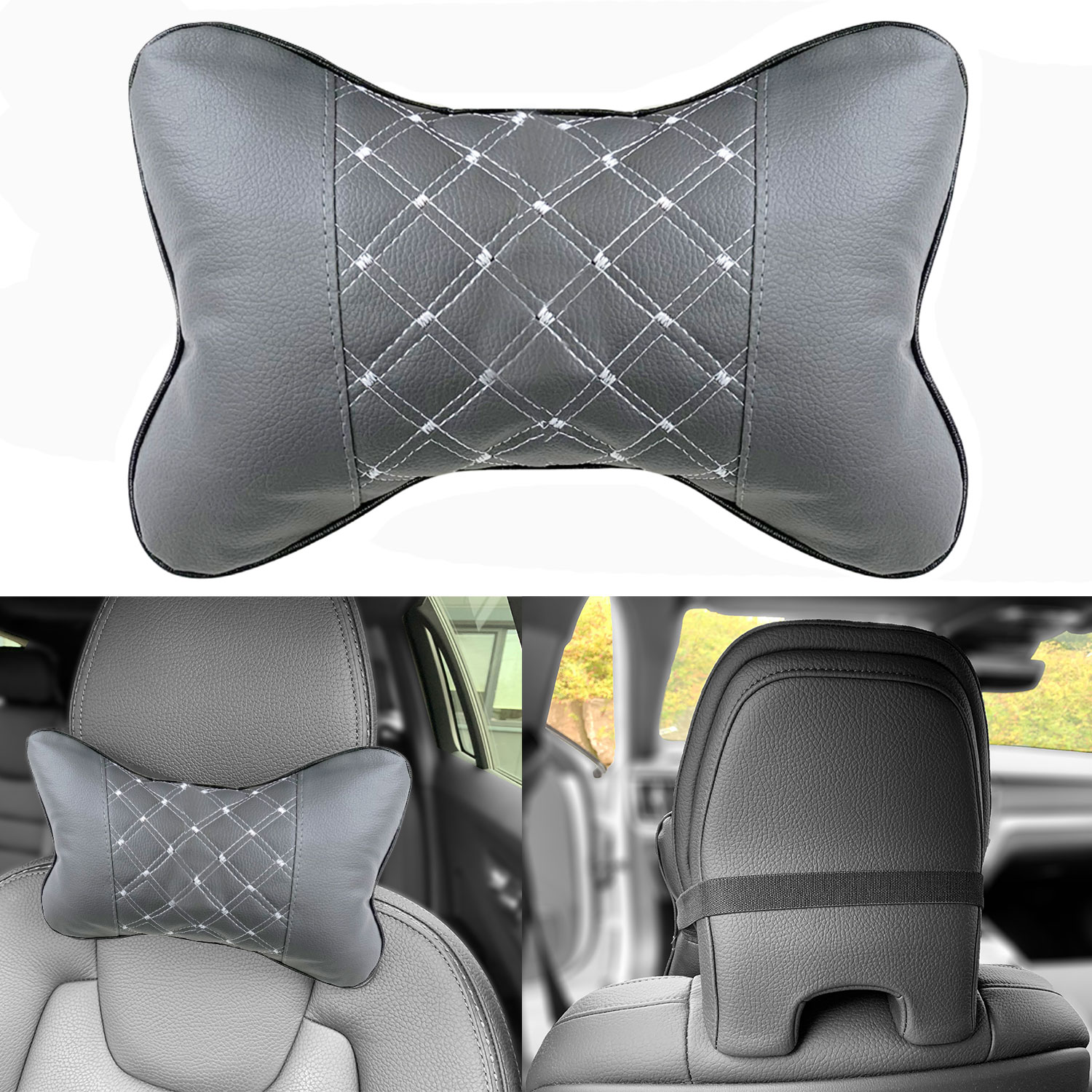 1x Auto Kopfstützen Nackenkissen Kopf Reise GRAU Weiß Kissen für viele Fahrzeuge