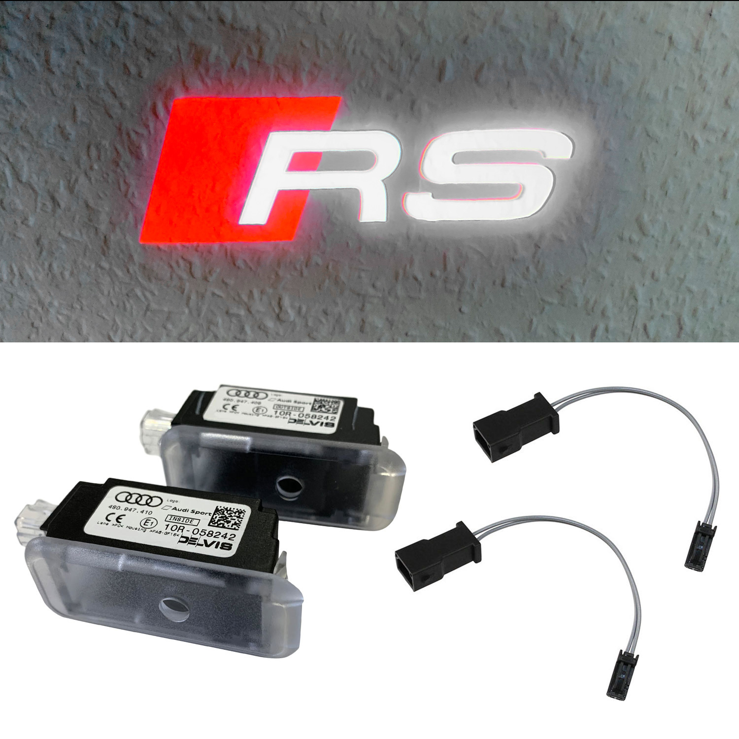 Original Audi RS LED Einstiegsbeleuchtung Logo Türe Projektor SET Links + Rechts inklusive Adapter SET 4S0947409G + 4S0947410G für viele Audi