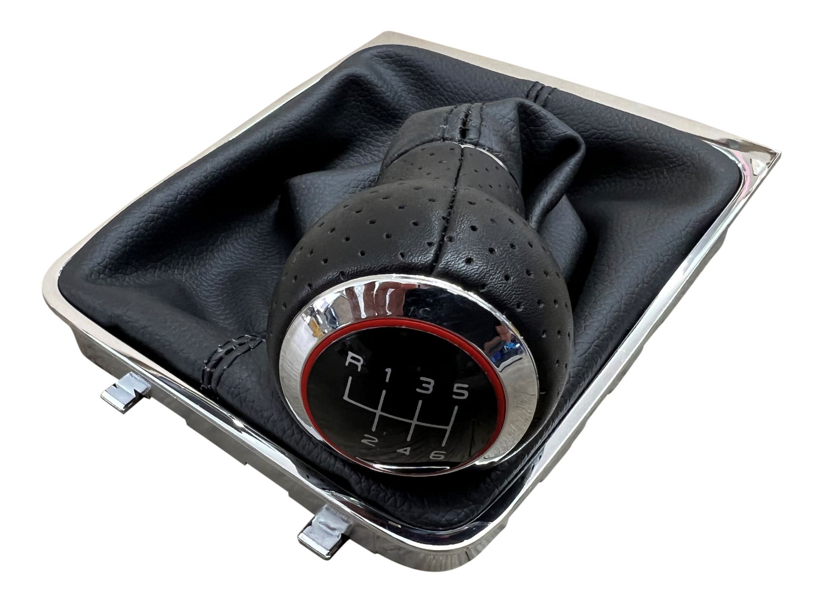Lochleder Sport Schaltknauf Knauf + Schaltmanschette Schwarz Chrom mit roten Ring 6-Gang für VW Passat 3C B6