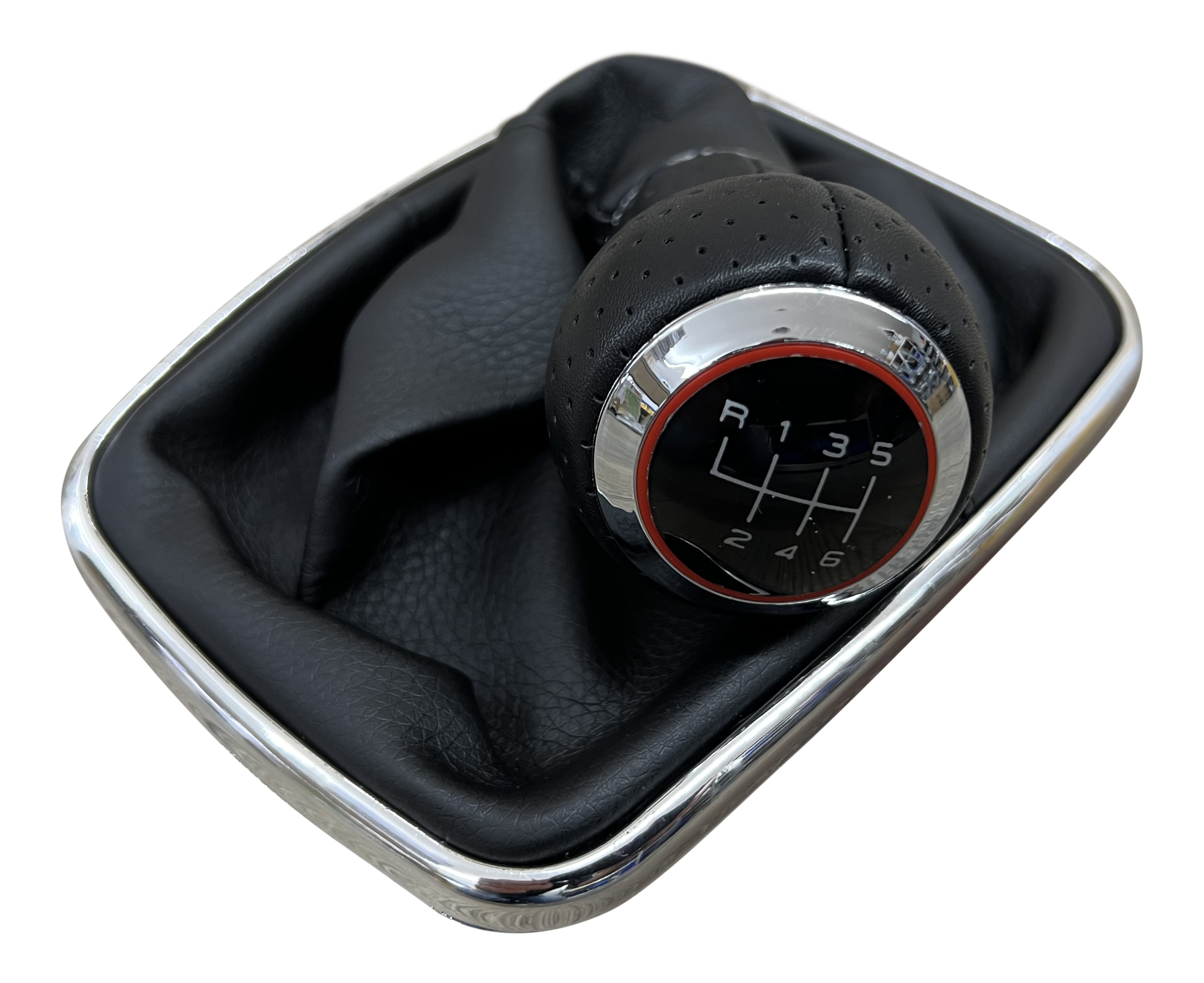 Lochleder Sport Schaltknauf Knauf + Schaltmanschette Schwarz Chrom mit roten Ring 6-Gang für VW Golf 4 IV 1998-2005 / VW Bora