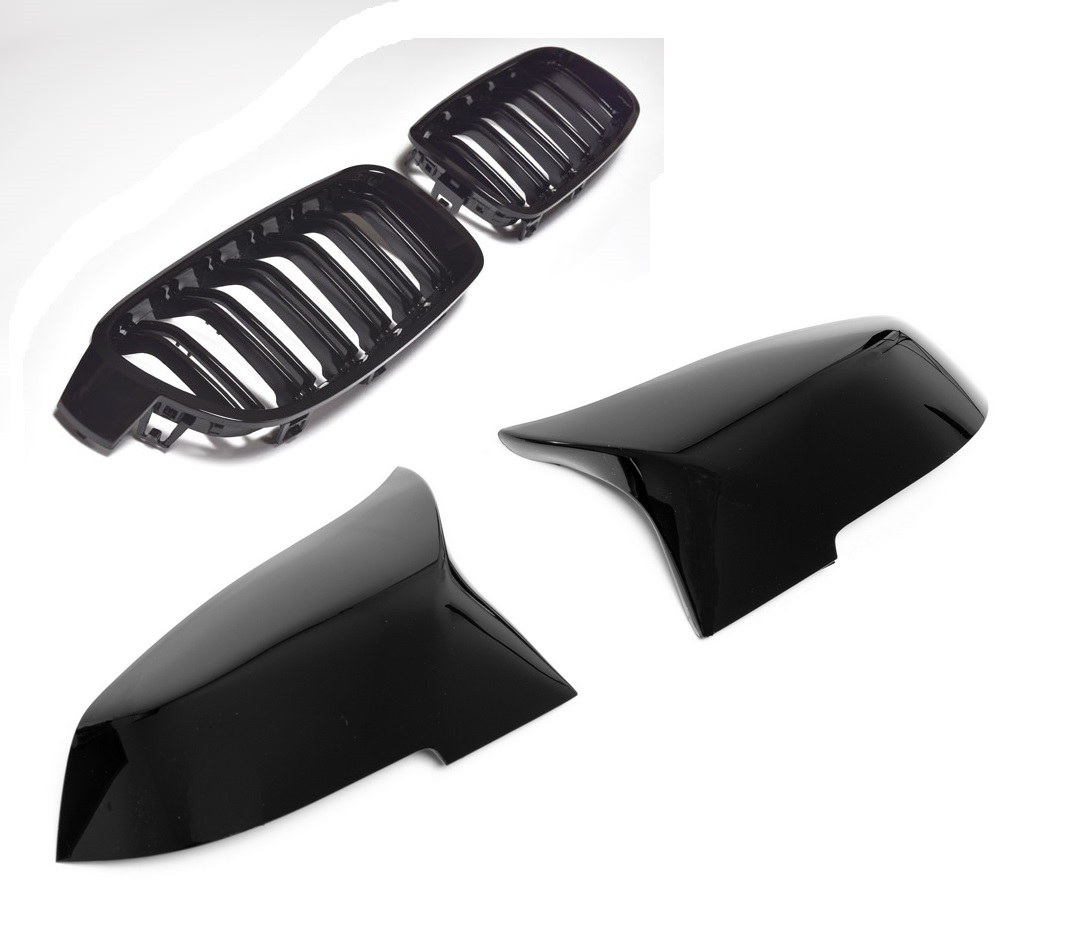 Kühlergrill Sportgrill Grill Gitter + Spiegelkappen Außenspiegel in Schwarz Glanz für BMW 3er F30 / F31 ab 2011-2019